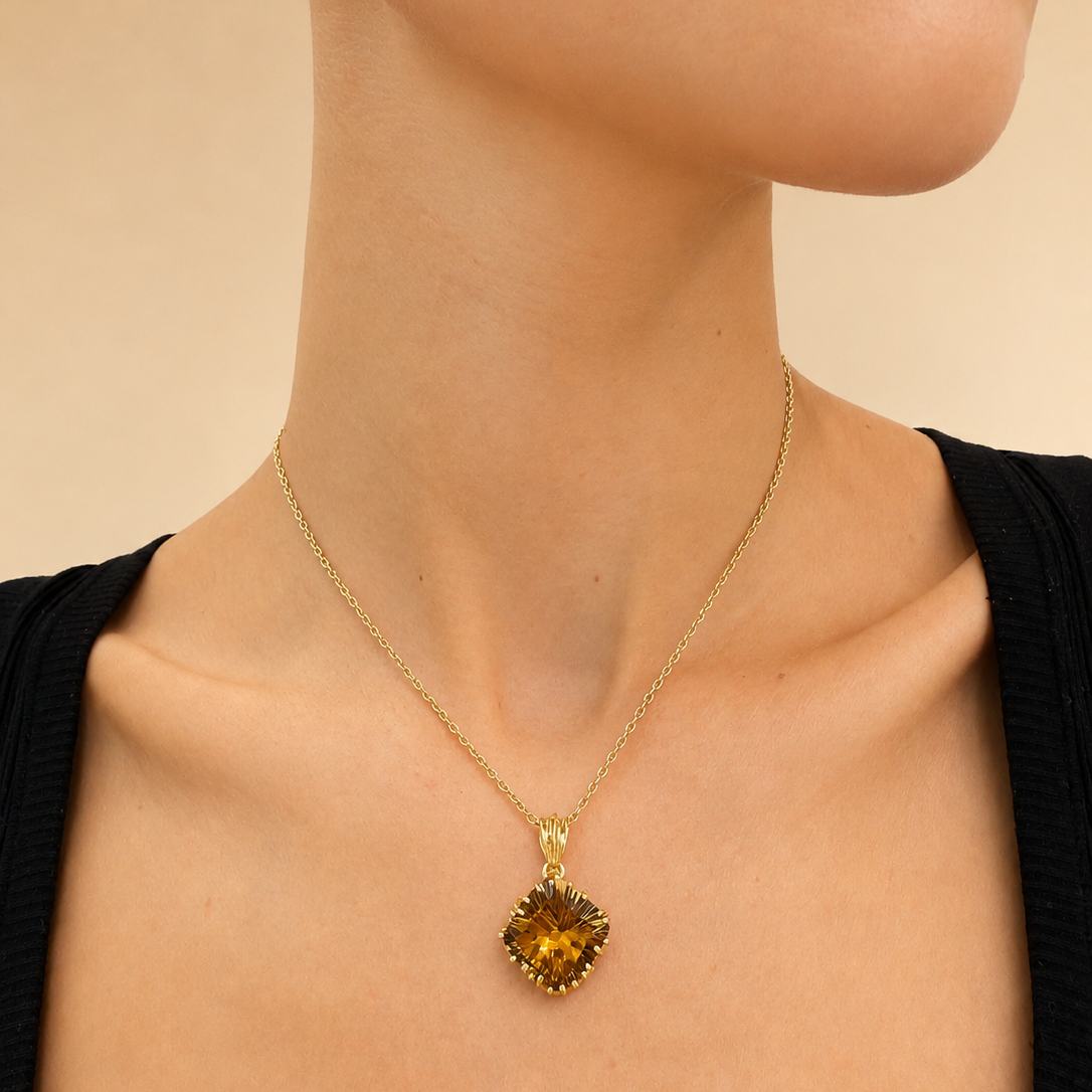 NURAI 18K Gold Vermeil Cushion Pendant Necklace with Citrine