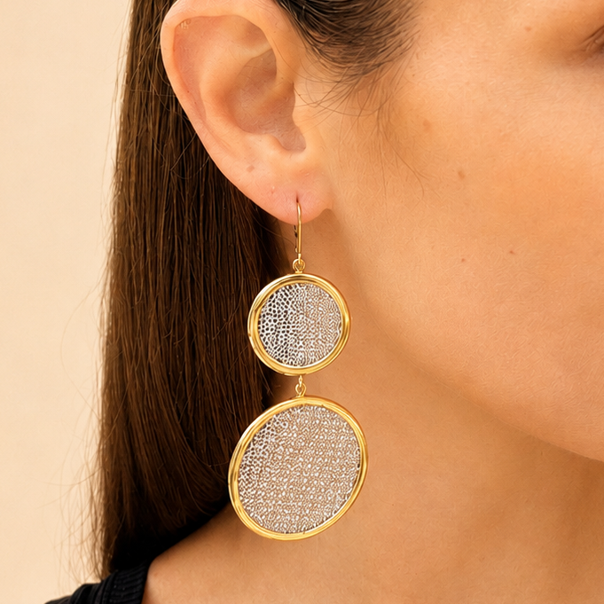 AIMA 18K Gold Vermeil Double Round Drop Earrings with Silver Mesh