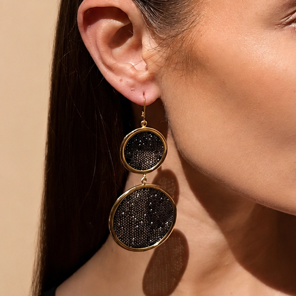 AIMA 18K Gold Vermeil Double Round Drop Earrings with Black Mesh