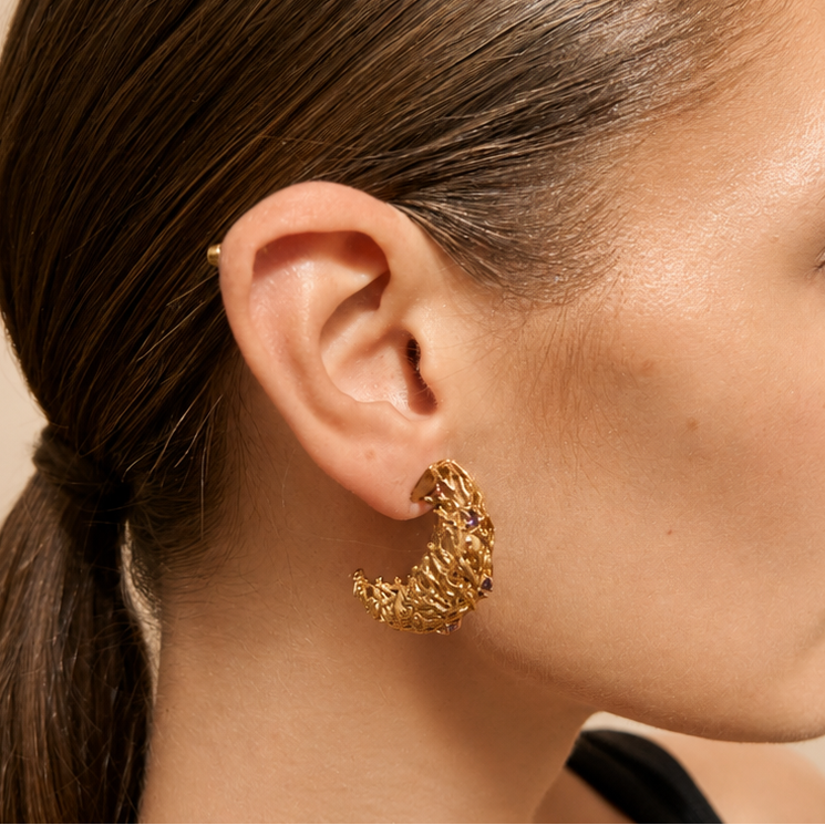 NURAI 18K Gold Vermeil Crescent Hoop Earrings with Amethyst