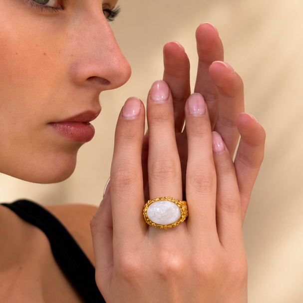 NURAI 18K Gold Vermeil Cabochon Ring with Rainbow Moonstone