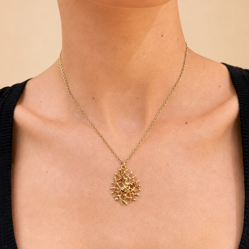 NURAI 18K Gold Vermeil Drop Pendant Necklace with Garnet