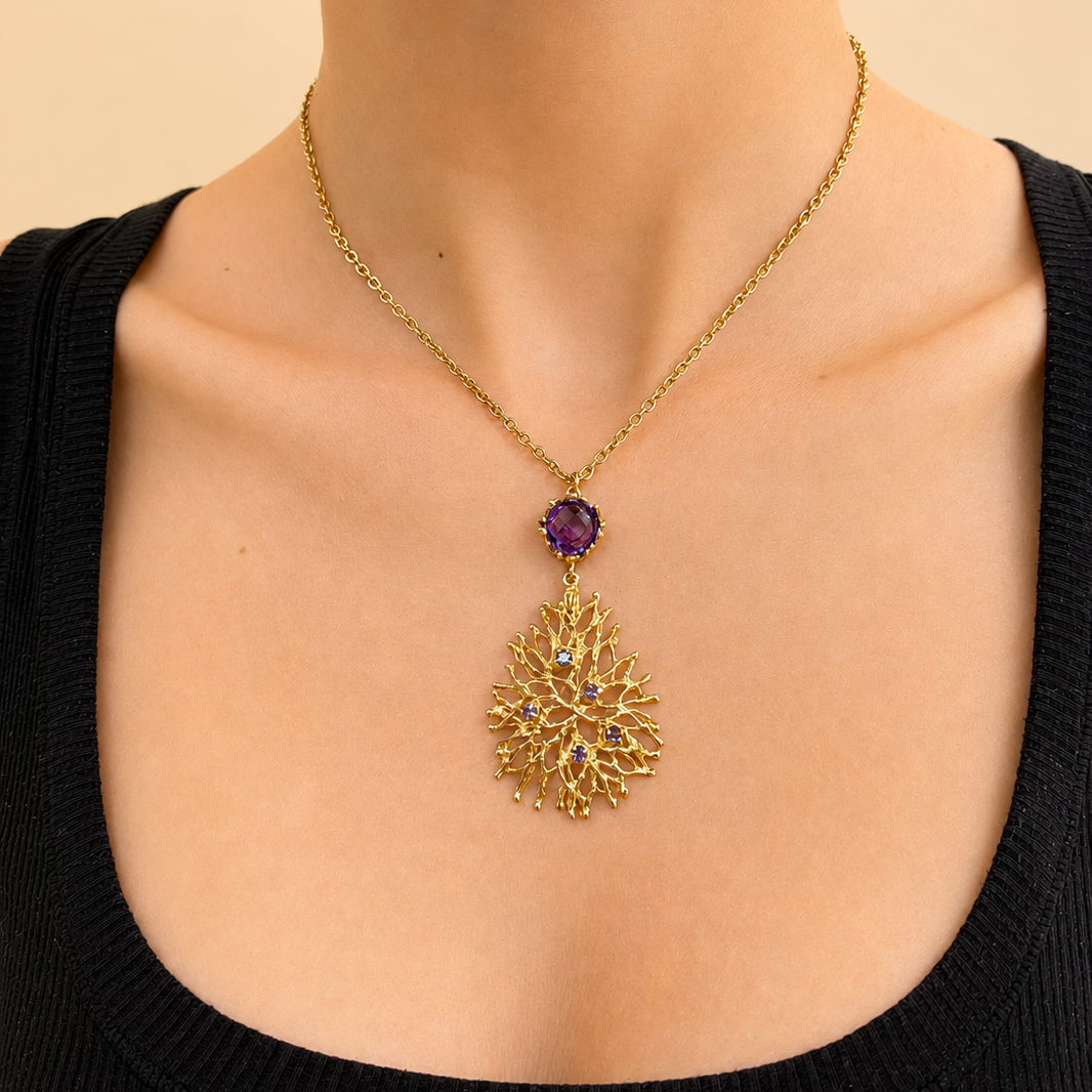 NURAI 18K Gold Vermeil Linked Pendant Necklace with Amethyst