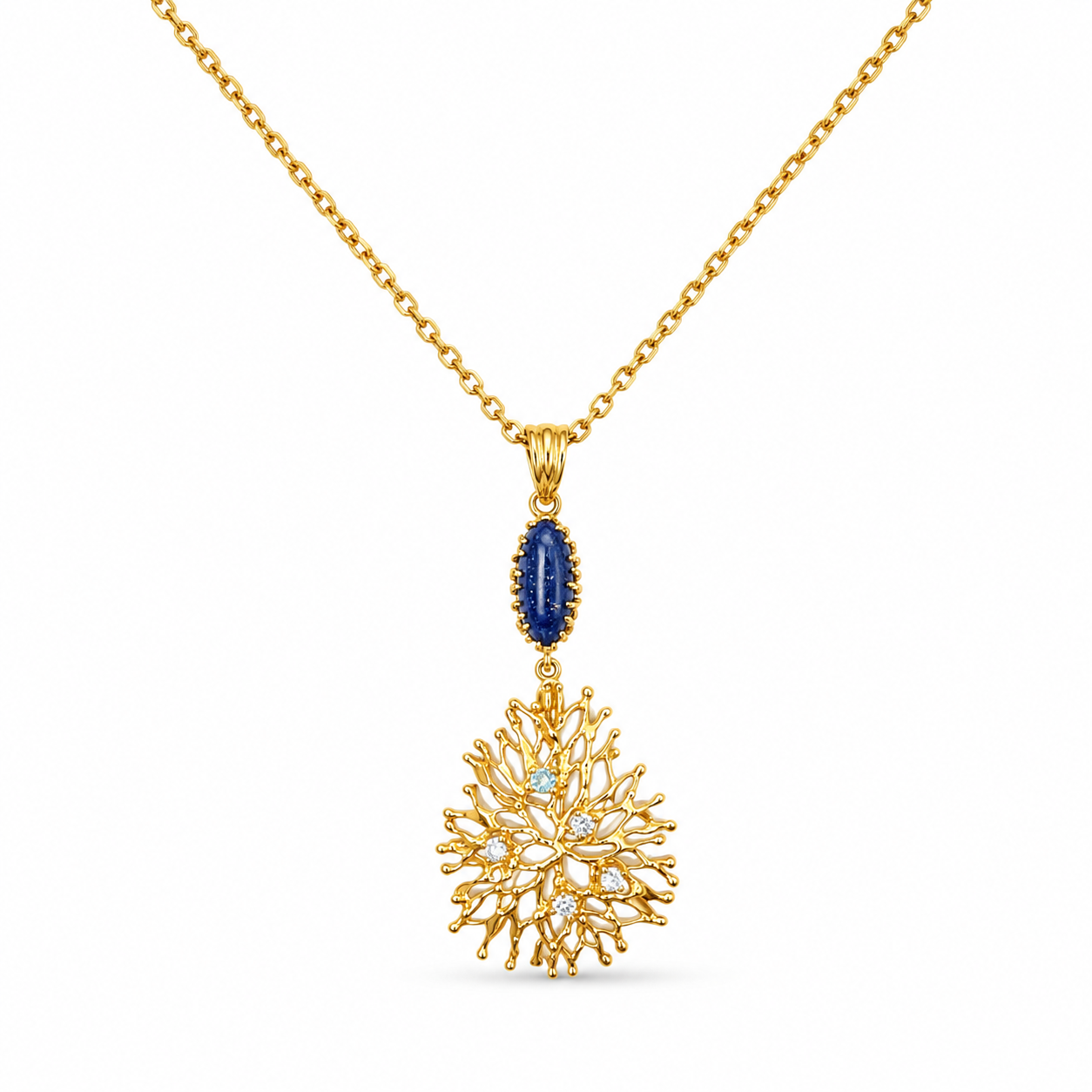 NURAI 18K Gold Vermeil Linked Marquise Drop Necklace with Kyanite and Blue Topaz