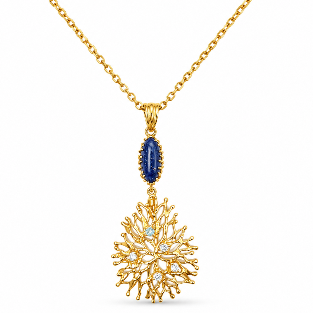 NURAI 18K Gold Vermeil Linked Marquise Drop Necklace with Kyanite and Blue Topaz