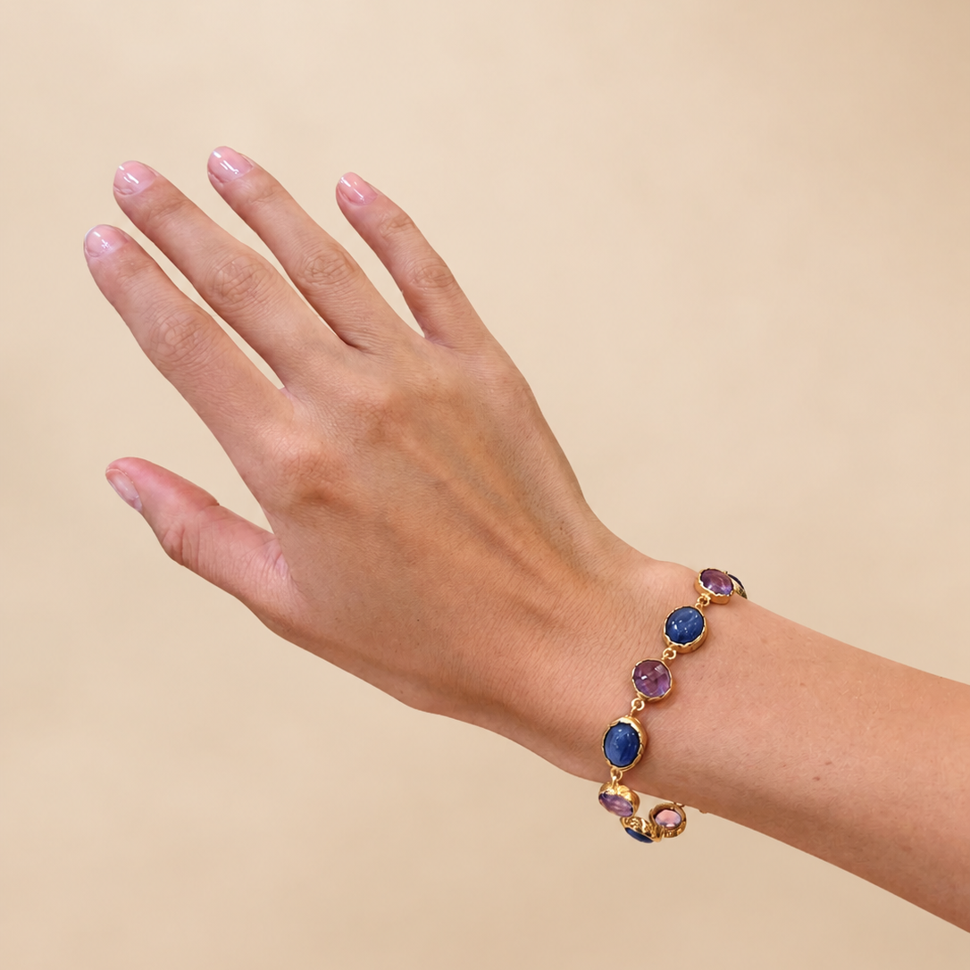 DUNE 18K Gold Vermeil Cabochon Link Bracelet with Kyanite and Amethyst