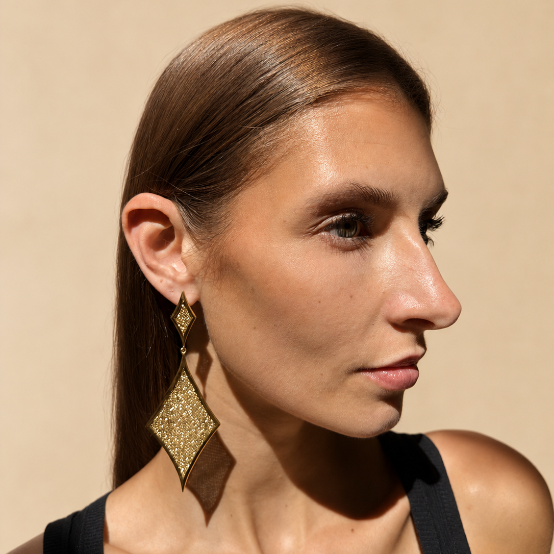 AIMA 18K Gold Vermeil Double Diamond Drop Earrings with Gold Mesh