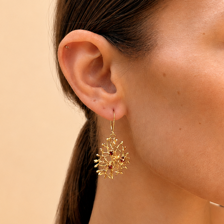 NURAI 18K Gold Vermeil Hoop Drop Earrings with Garnet