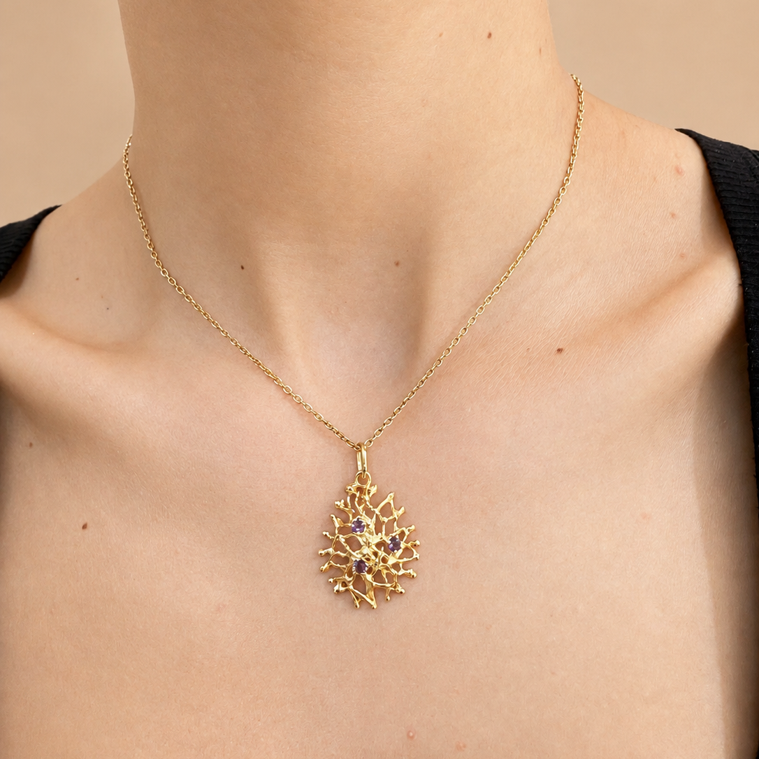 NURAI 18K Gold Vermeil Drop Pendant Necklace with Amethyst