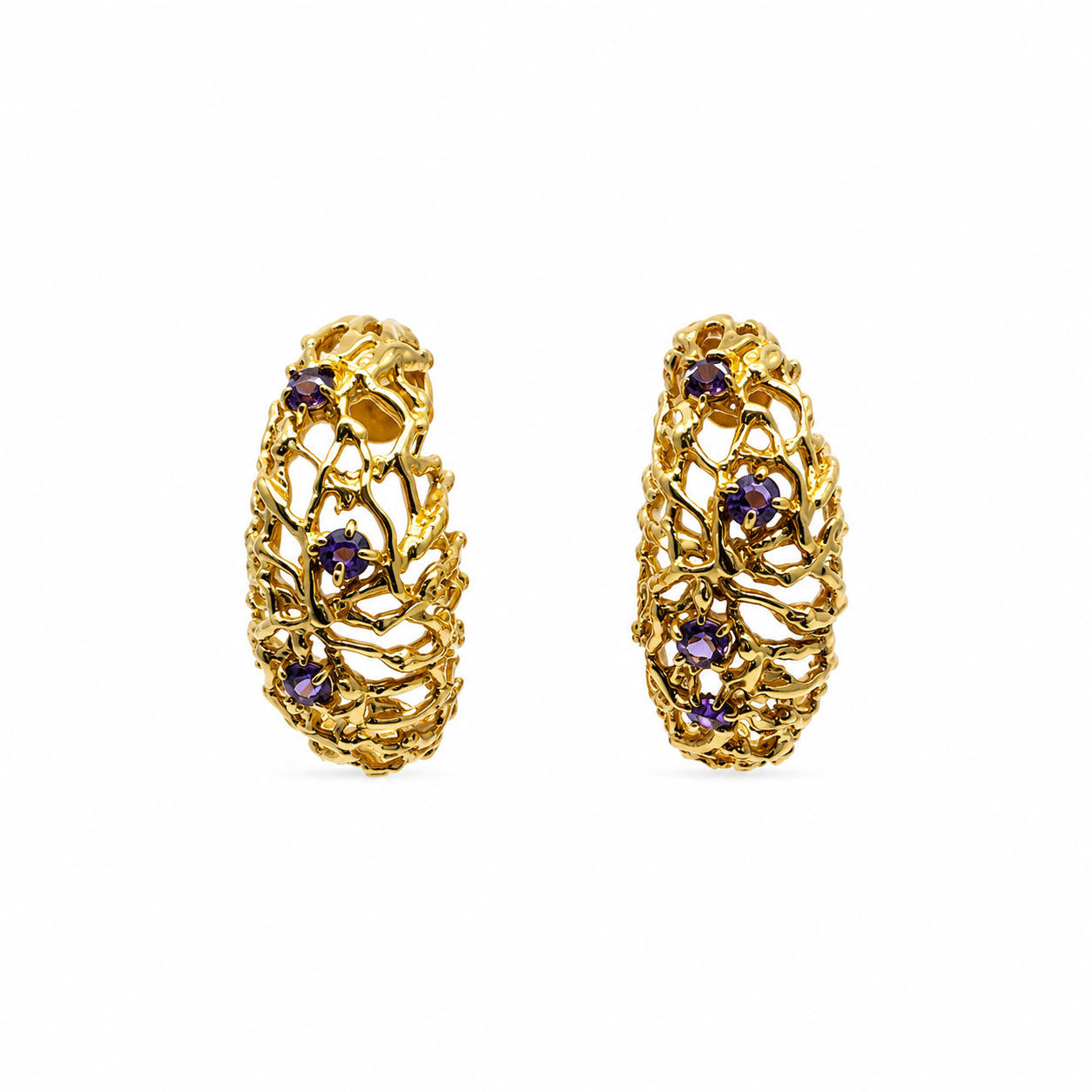 NURAI 18K Gold Vermeil Crescent Hoop Earrings with Amethyst