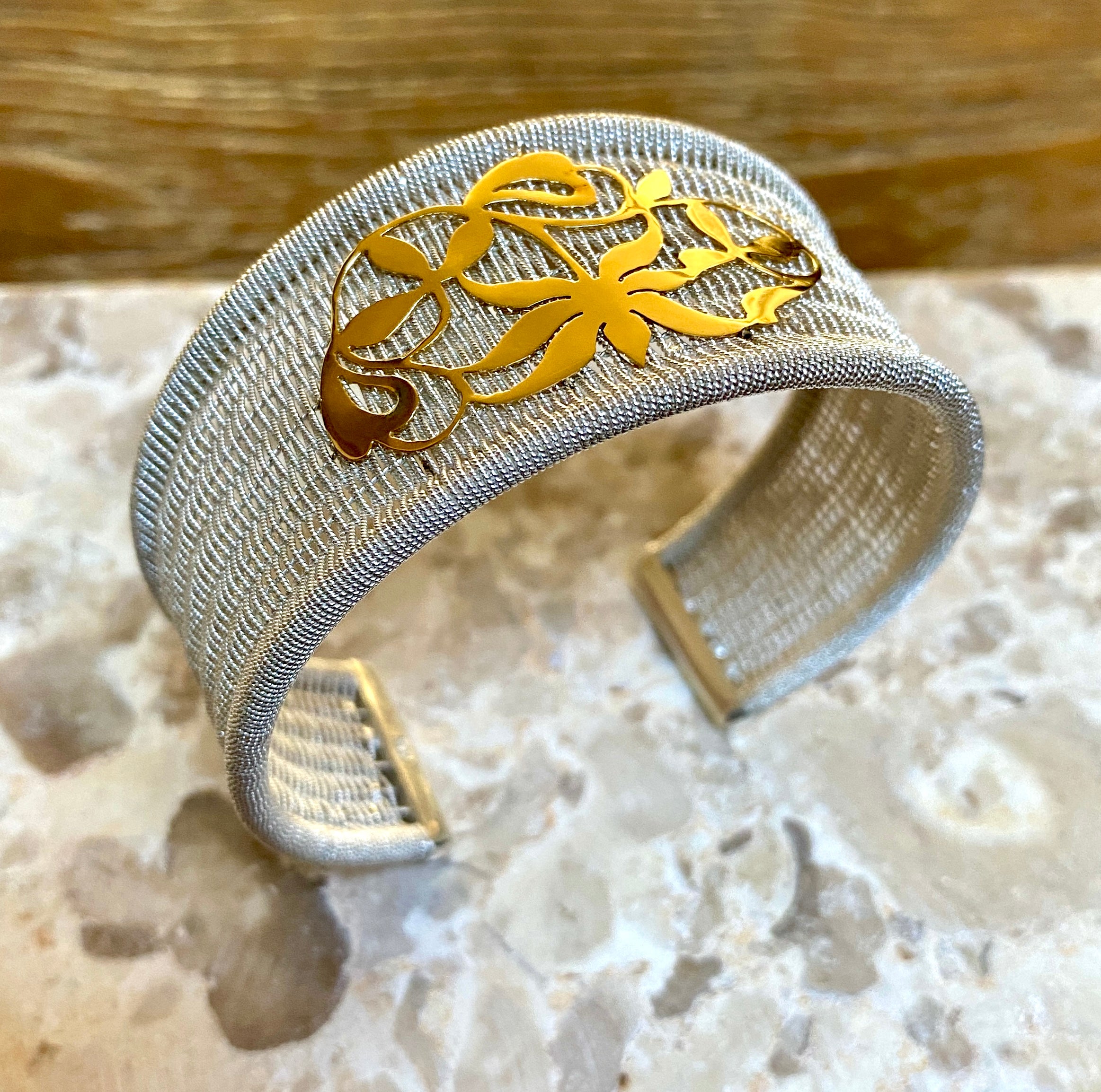 RICAMI Sterling Silver and Solid 18K Gold wide-cuff Bracelet