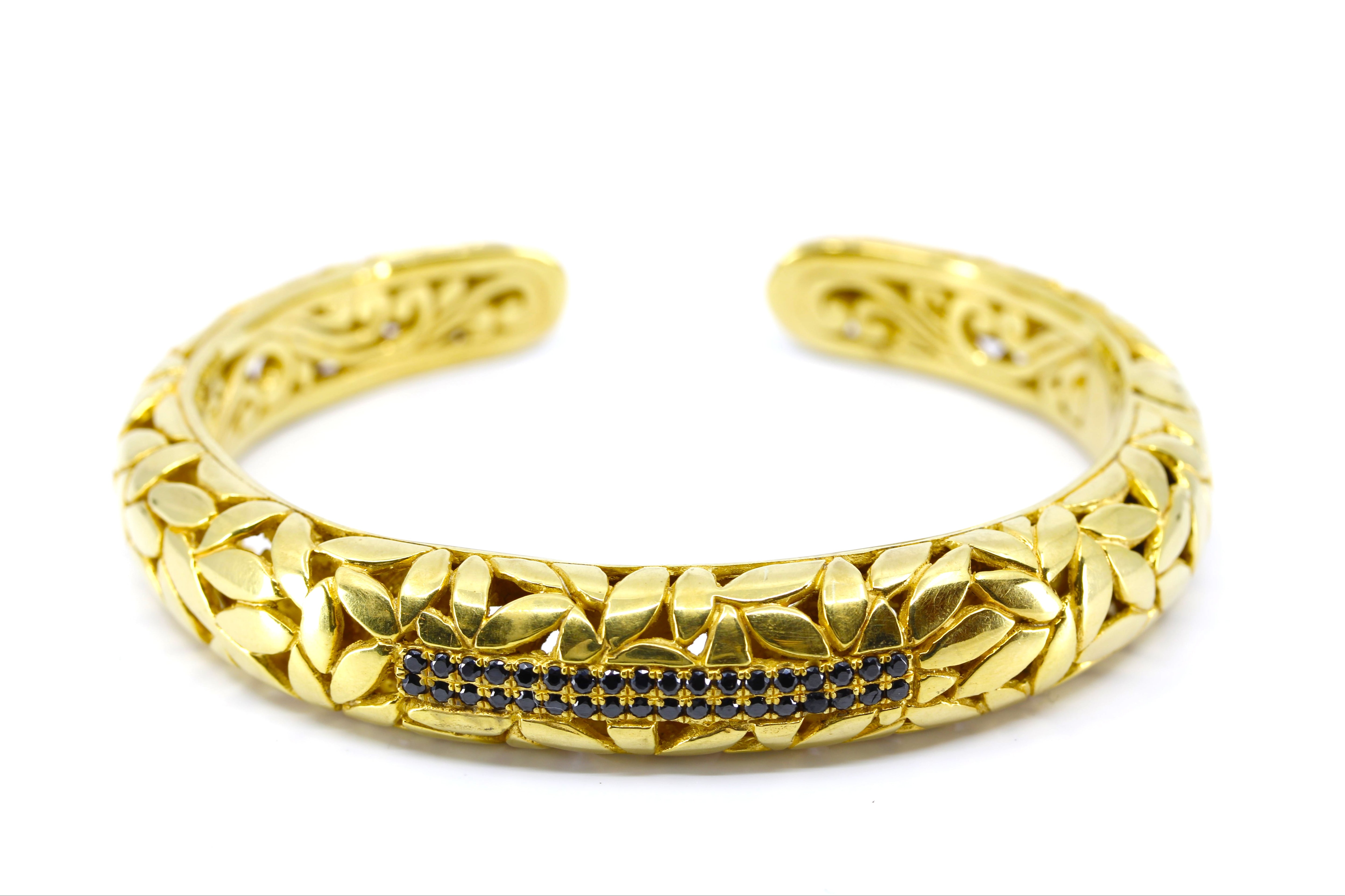 RAVENNA 18K Gold Vermeil Carved Cuff Bracelet with Black Spinel