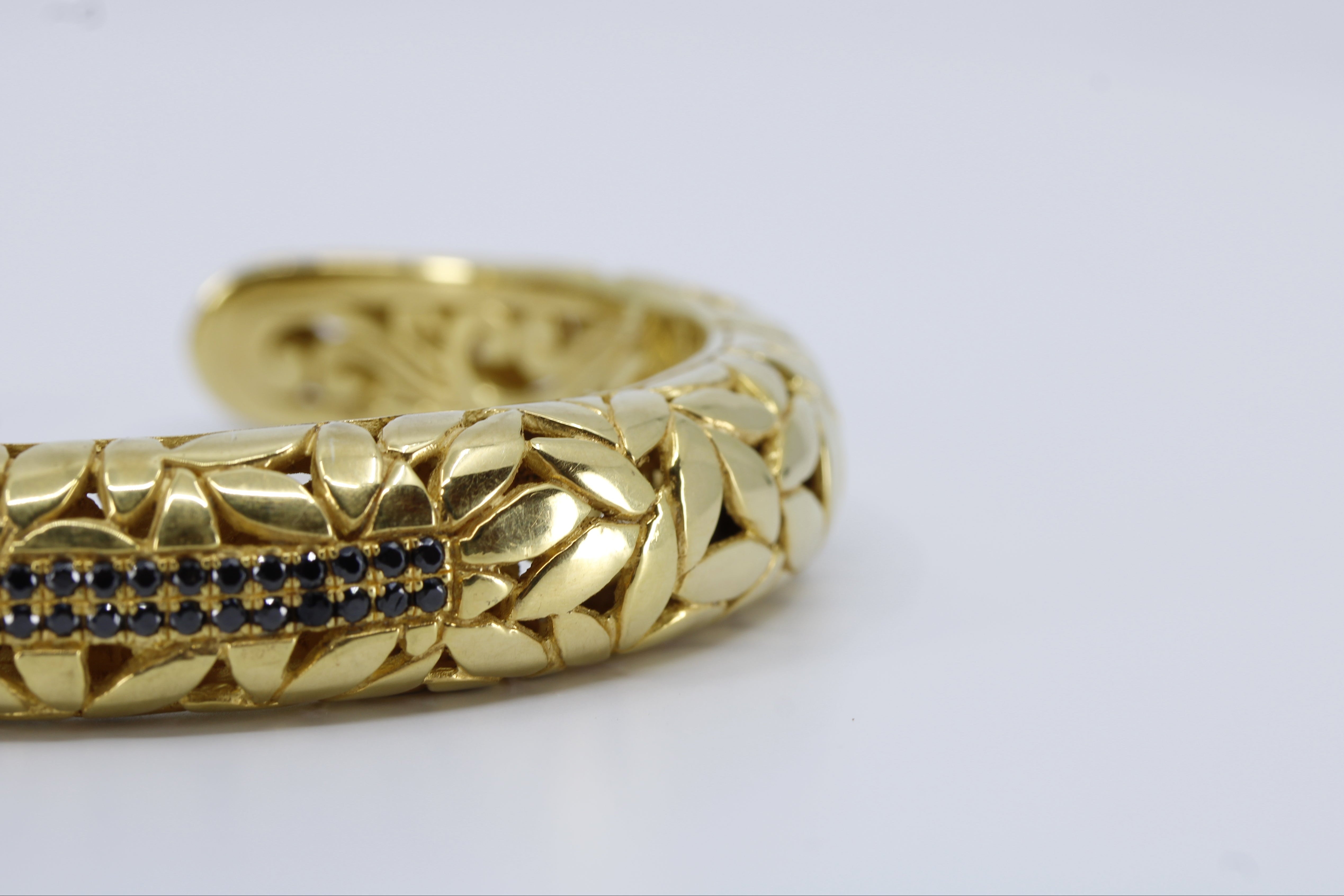 RAVENNA 18K Gold Vermeil Carved Cuff Bracelet with Black Spinel