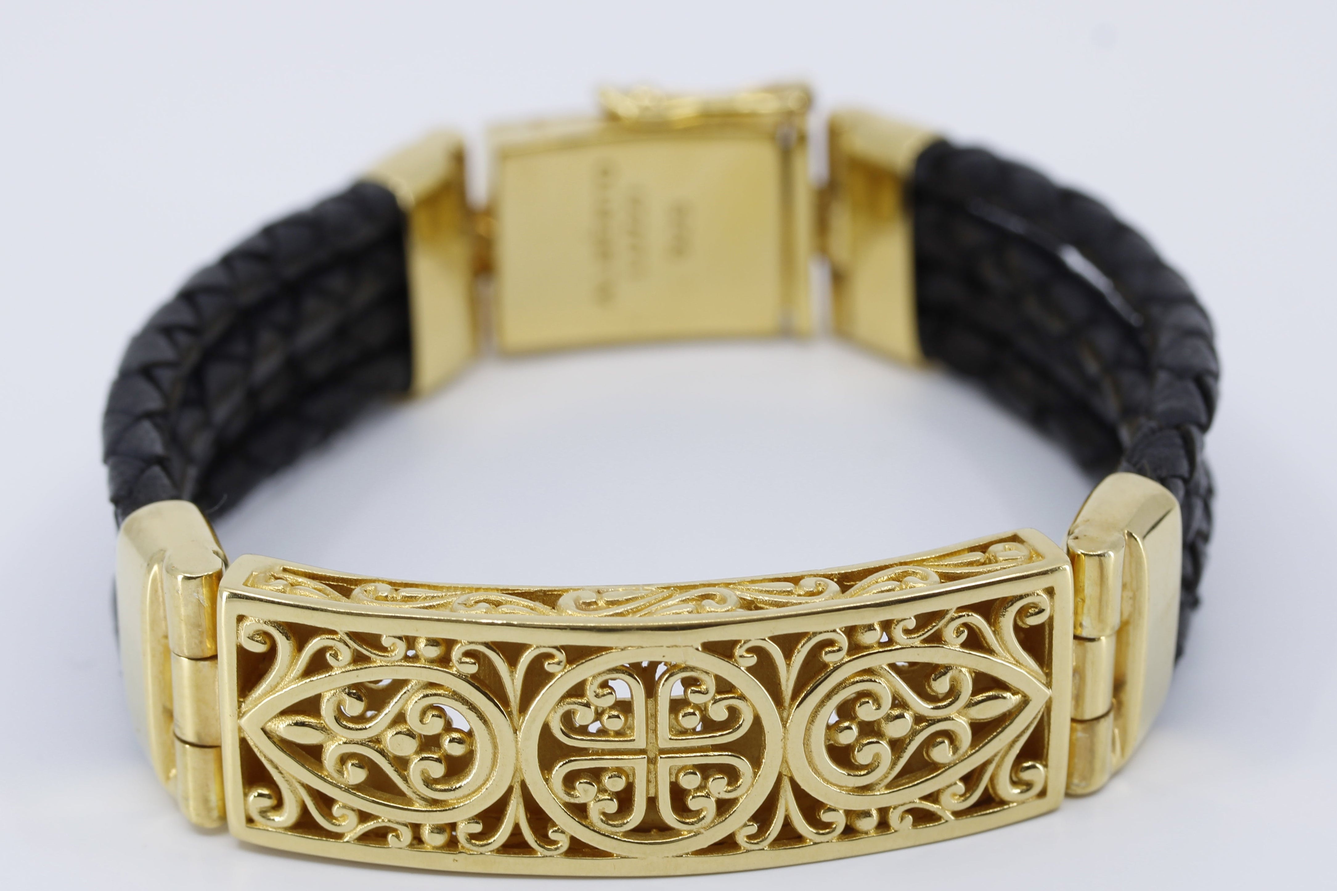NOVA  Sculpted Bar Black Leather Bracelet with 18K Gold Vermeil