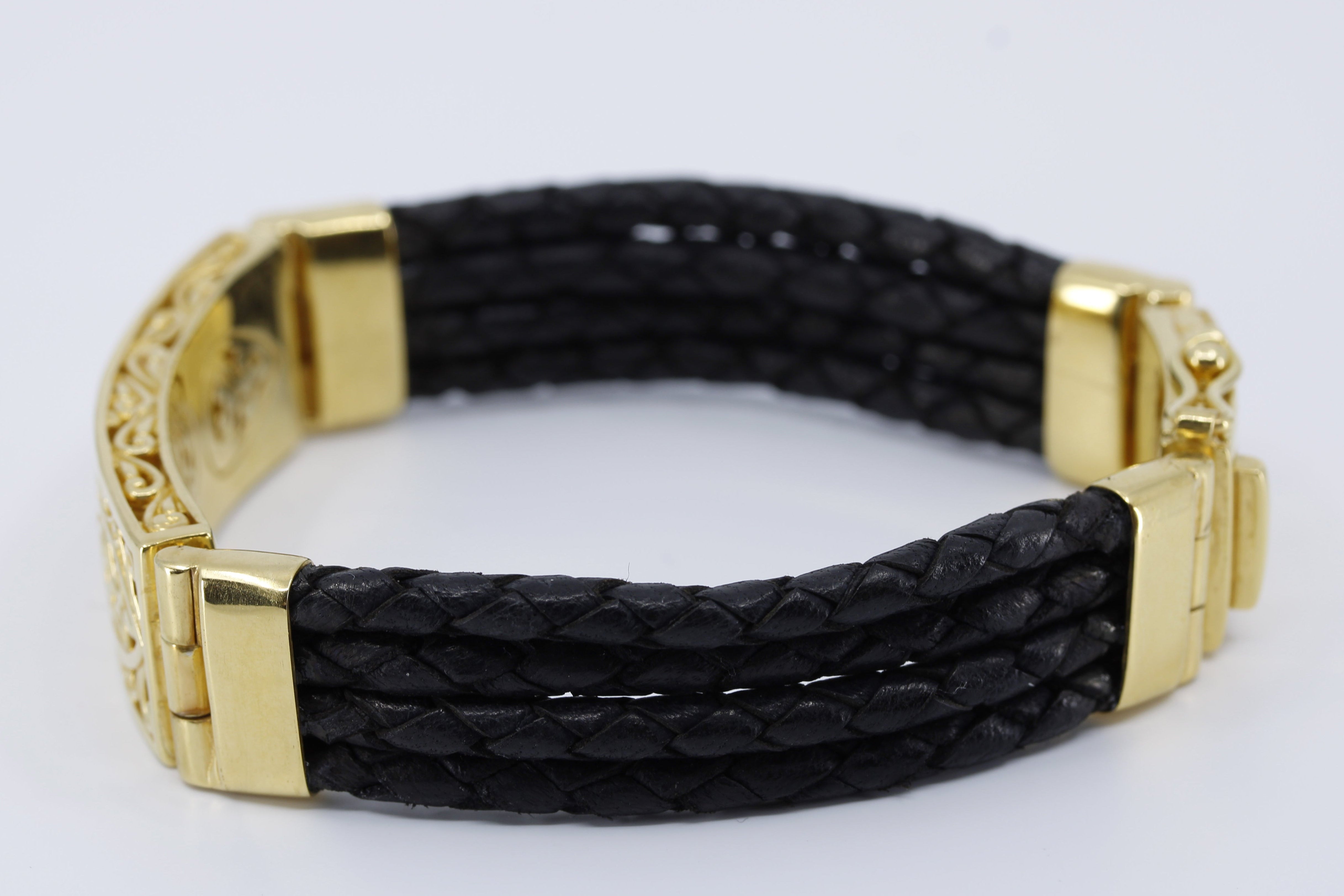 NOVA  Sculpted Bar Black Leather Bracelet with 18K Gold Vermeil
