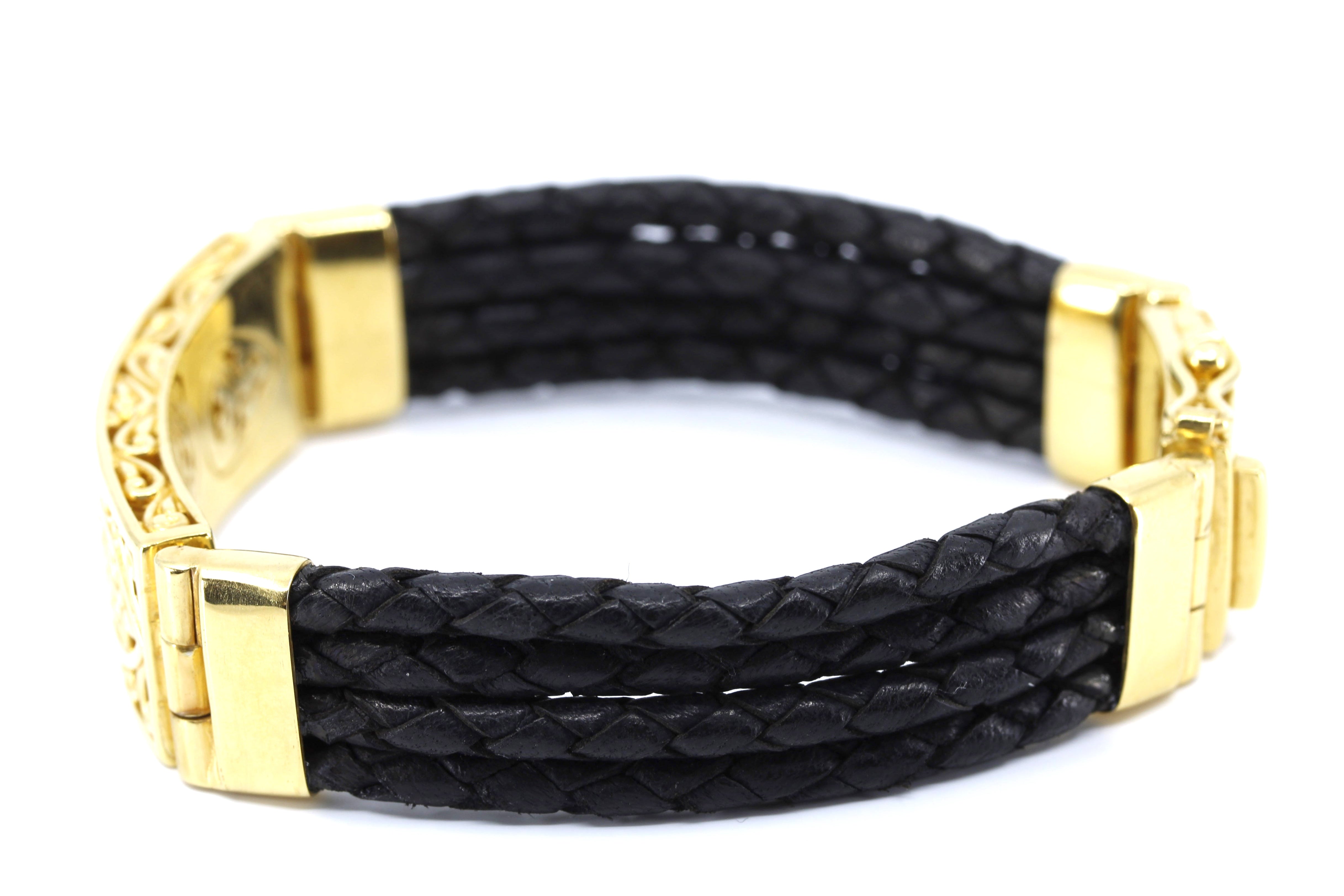 NOVA  Sculpted Bar Black Leather Bracelet with 18K Gold Vermeil