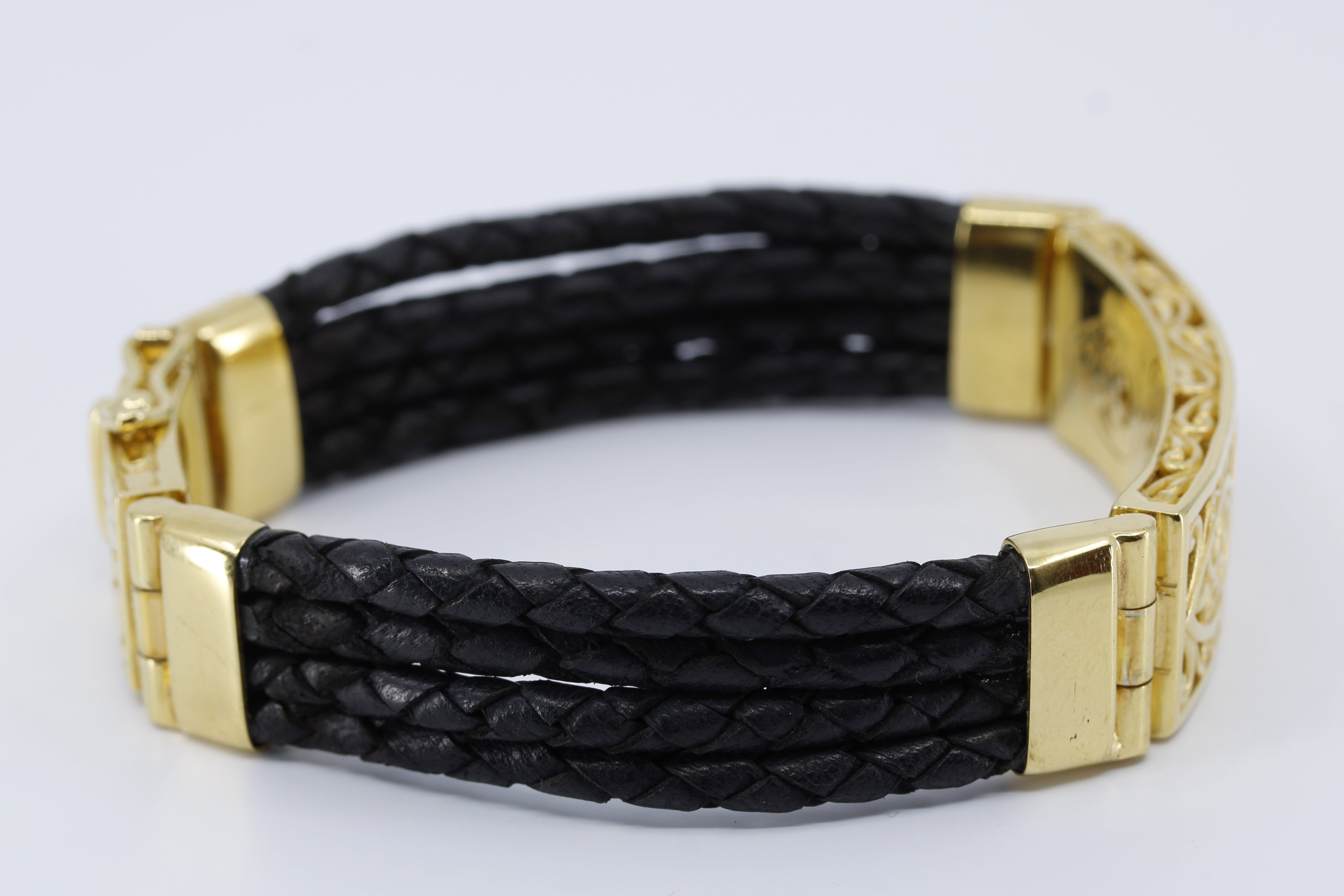 NOVA  Sculpted Bar Black Leather Bracelet with 18K Gold Vermeil