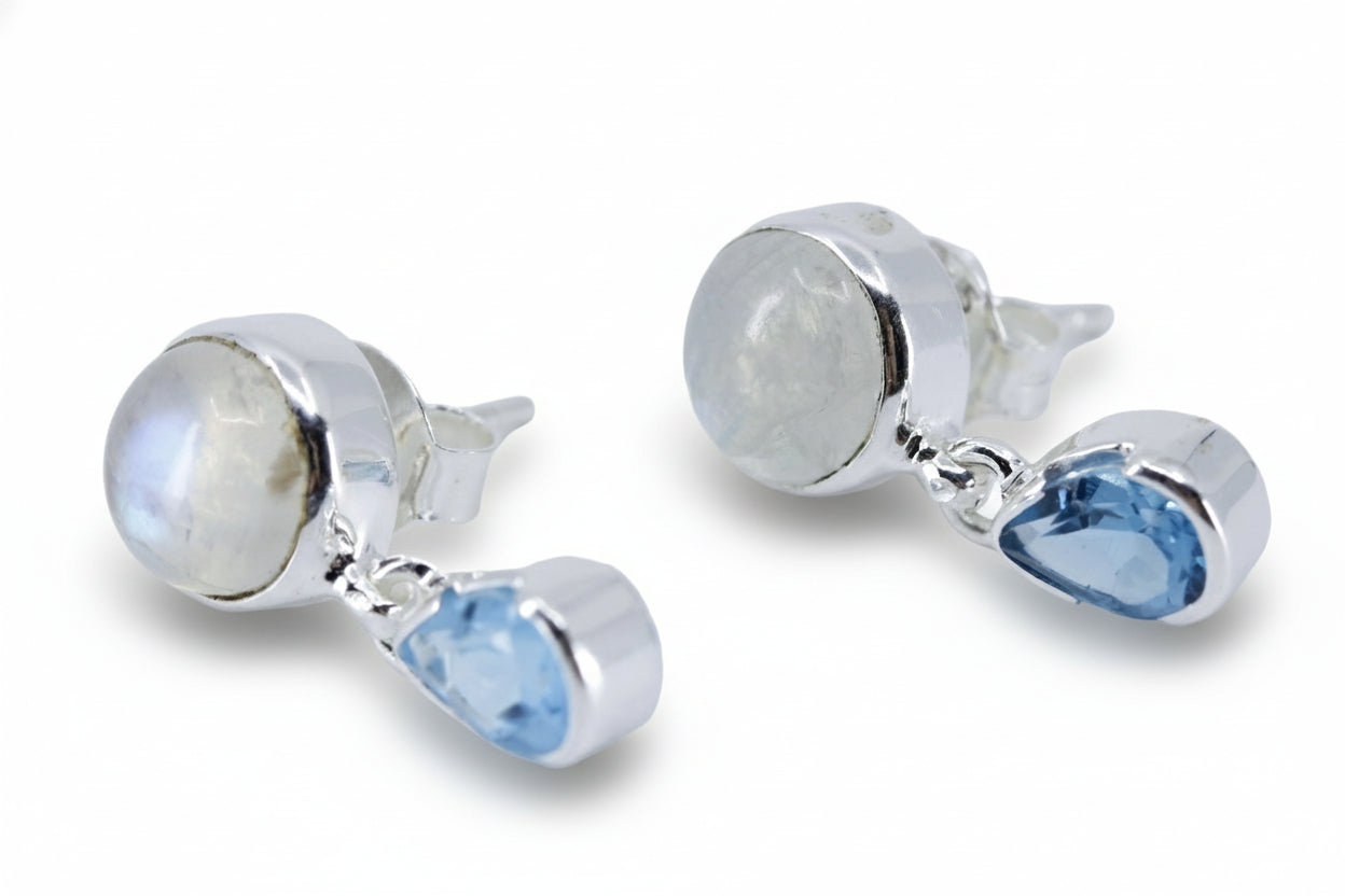 AURORA Moonstone Drop Earrings with Blue Topaz