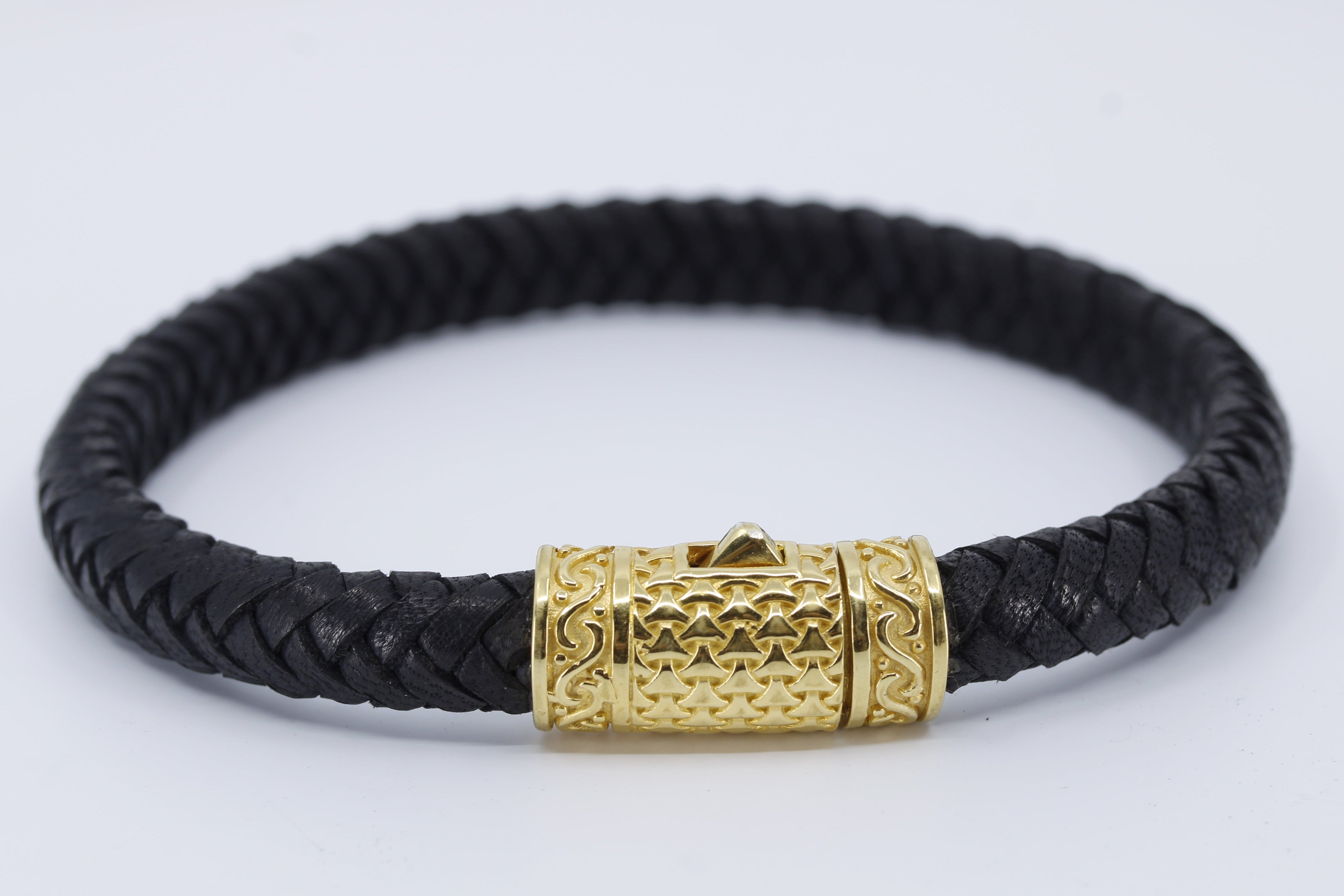 NOVA  Braided Leather Bracelet with 18K Gold Vermeil Lattice Barrel