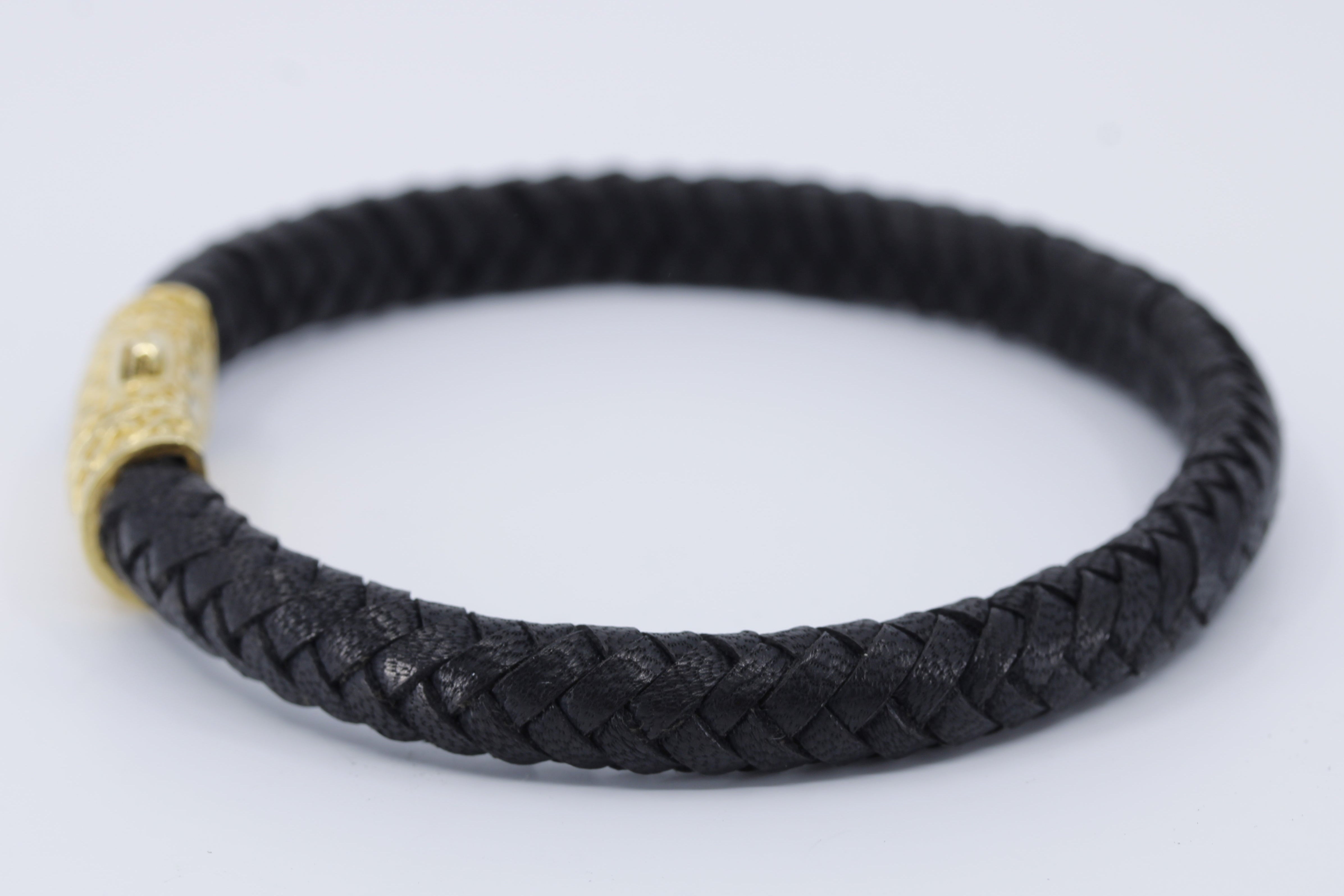 NOVA  Braided Leather Bracelet with 18K Gold Vermeil Lattice Barrel