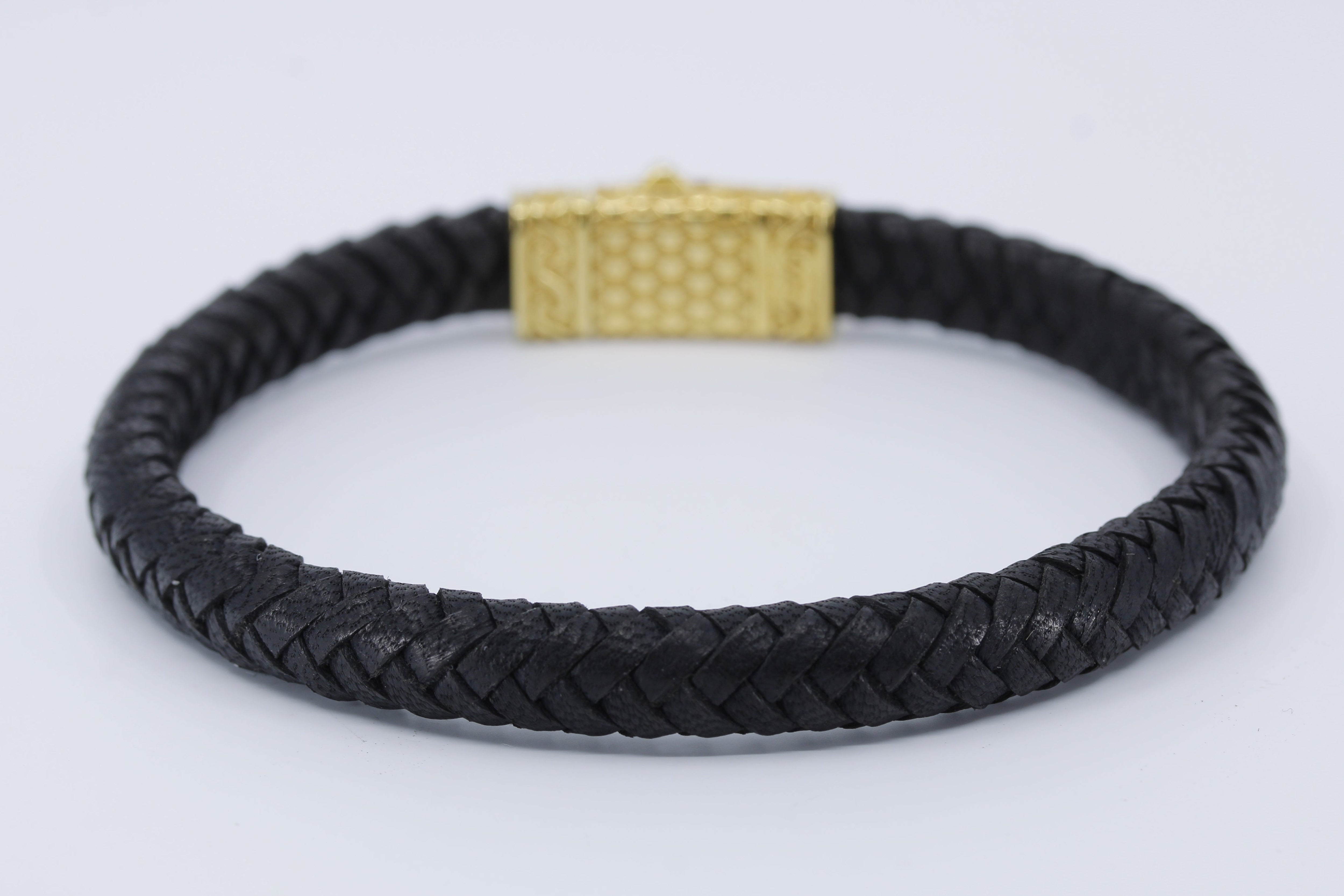 NOVA  Braided Leather Bracelet with 18K Gold Vermeil Lattice Barrel