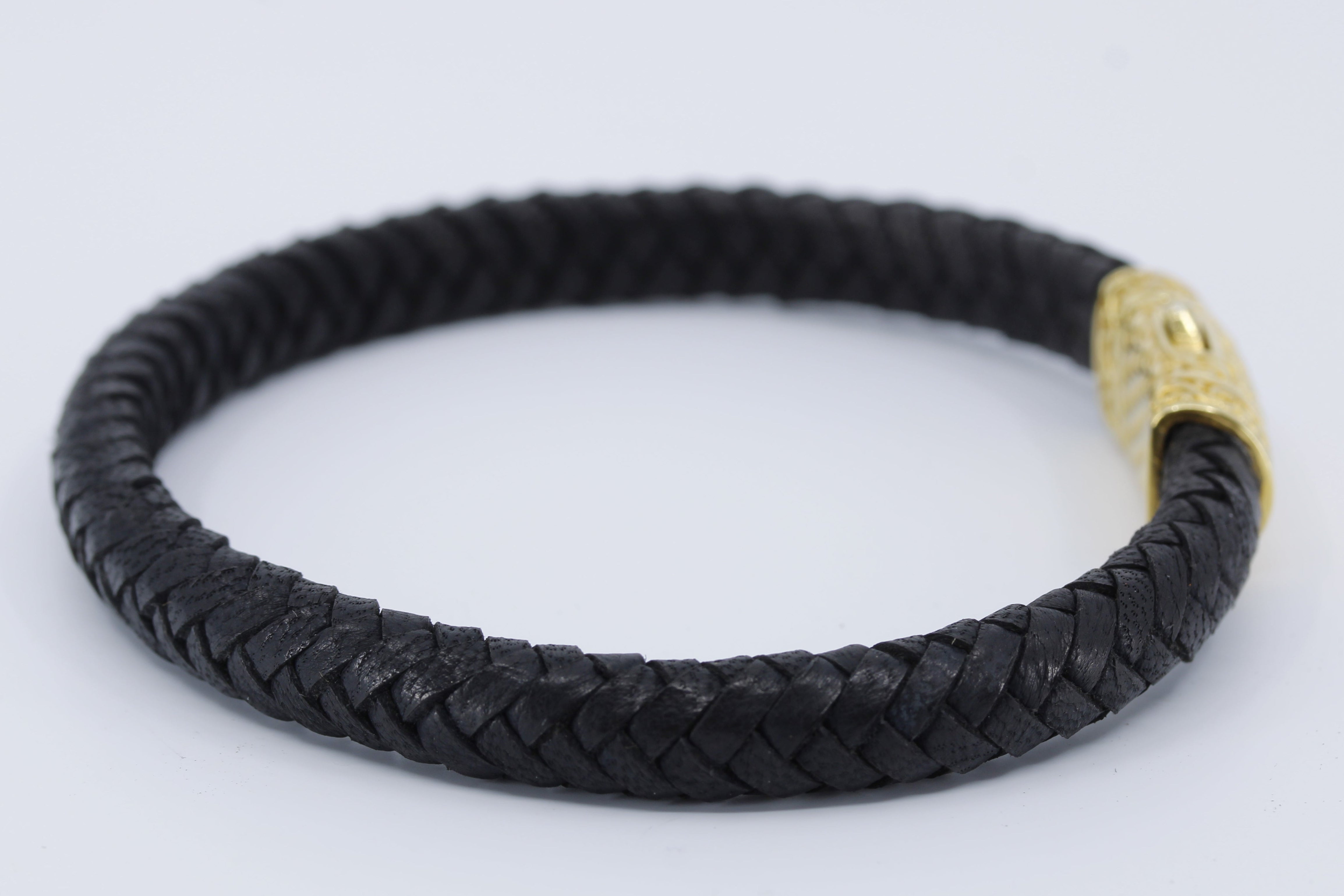 NOVA  Braided Leather Bracelet with 18K Gold Vermeil Lattice Barrel