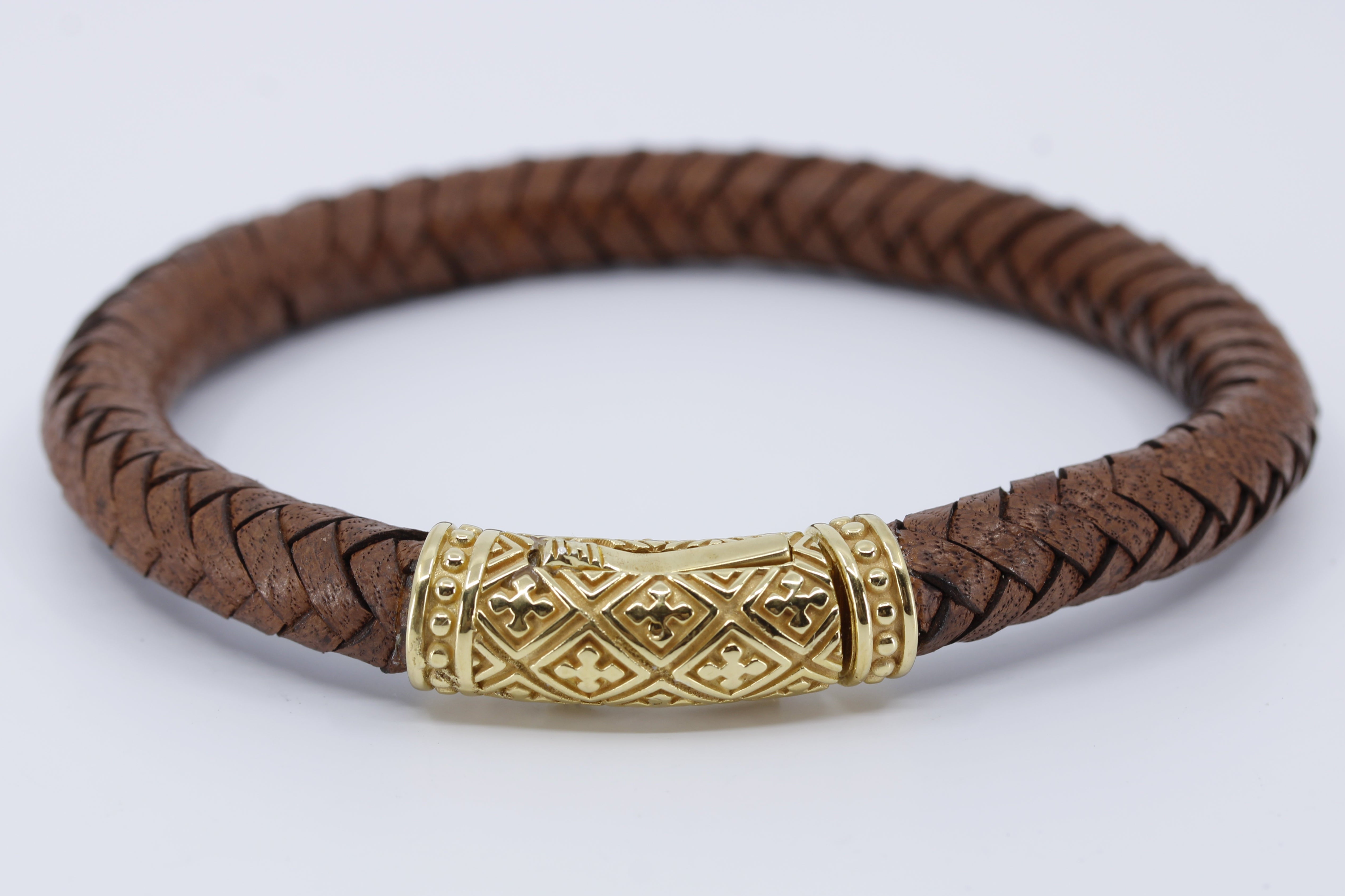 NOVA  Braided Leather Bracelet with 18K Gold Vermeil Lattice Barrel