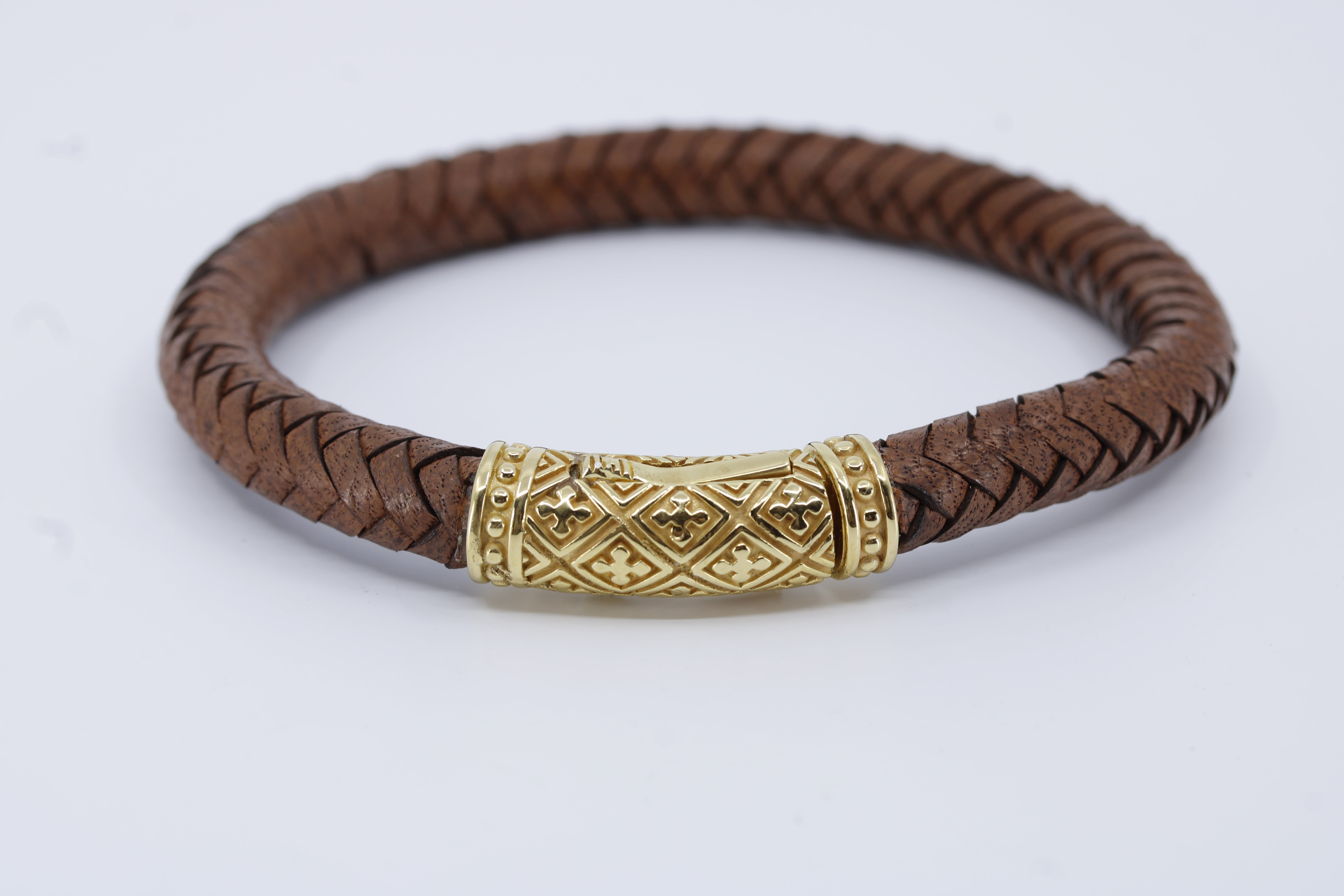 Casa Bali Braided Leather Bracelet with 18K Gold Vermeil Lattice Barrel