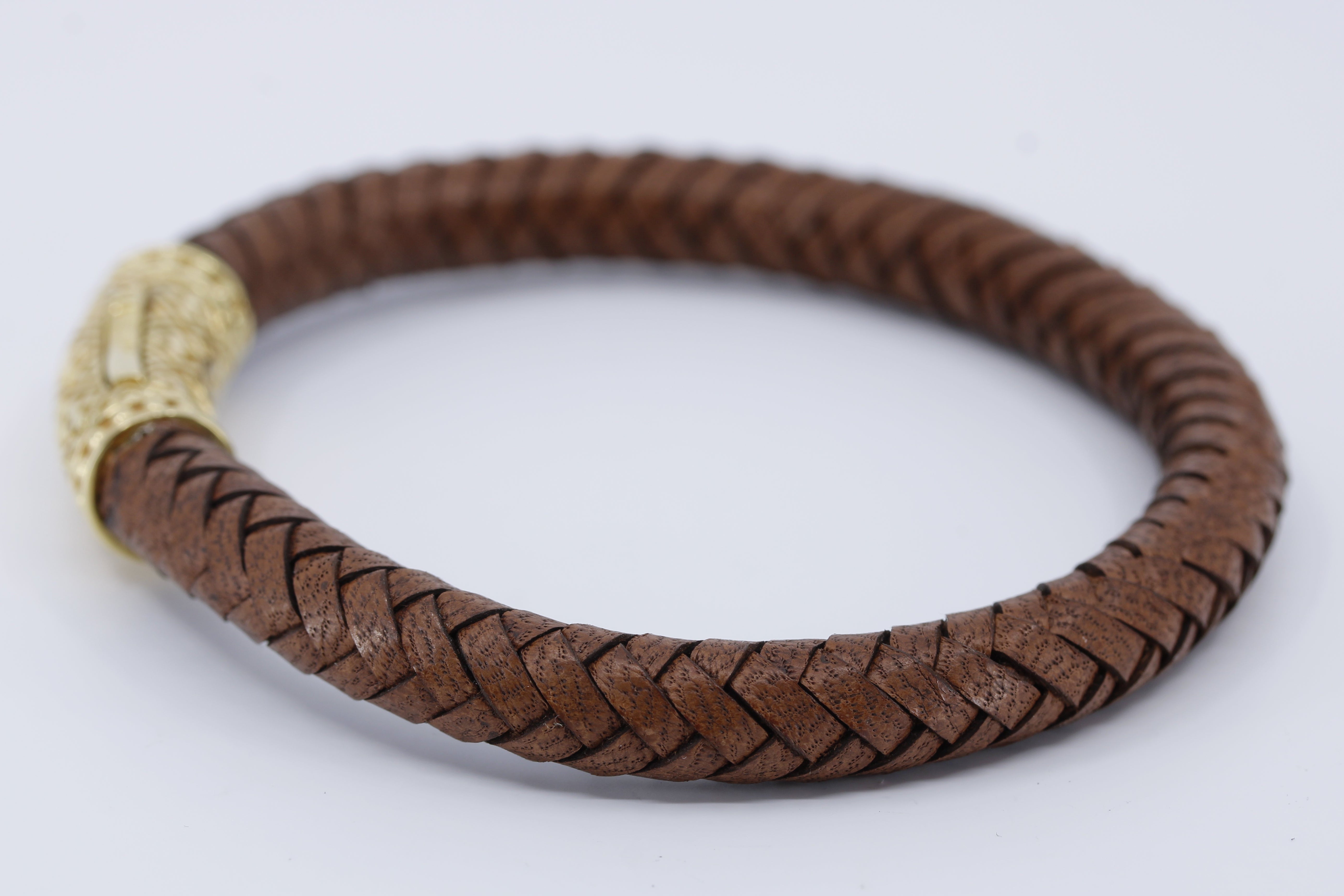 NOVA  Braided Leather Bracelet with 18K Gold Vermeil Lattice Barrel