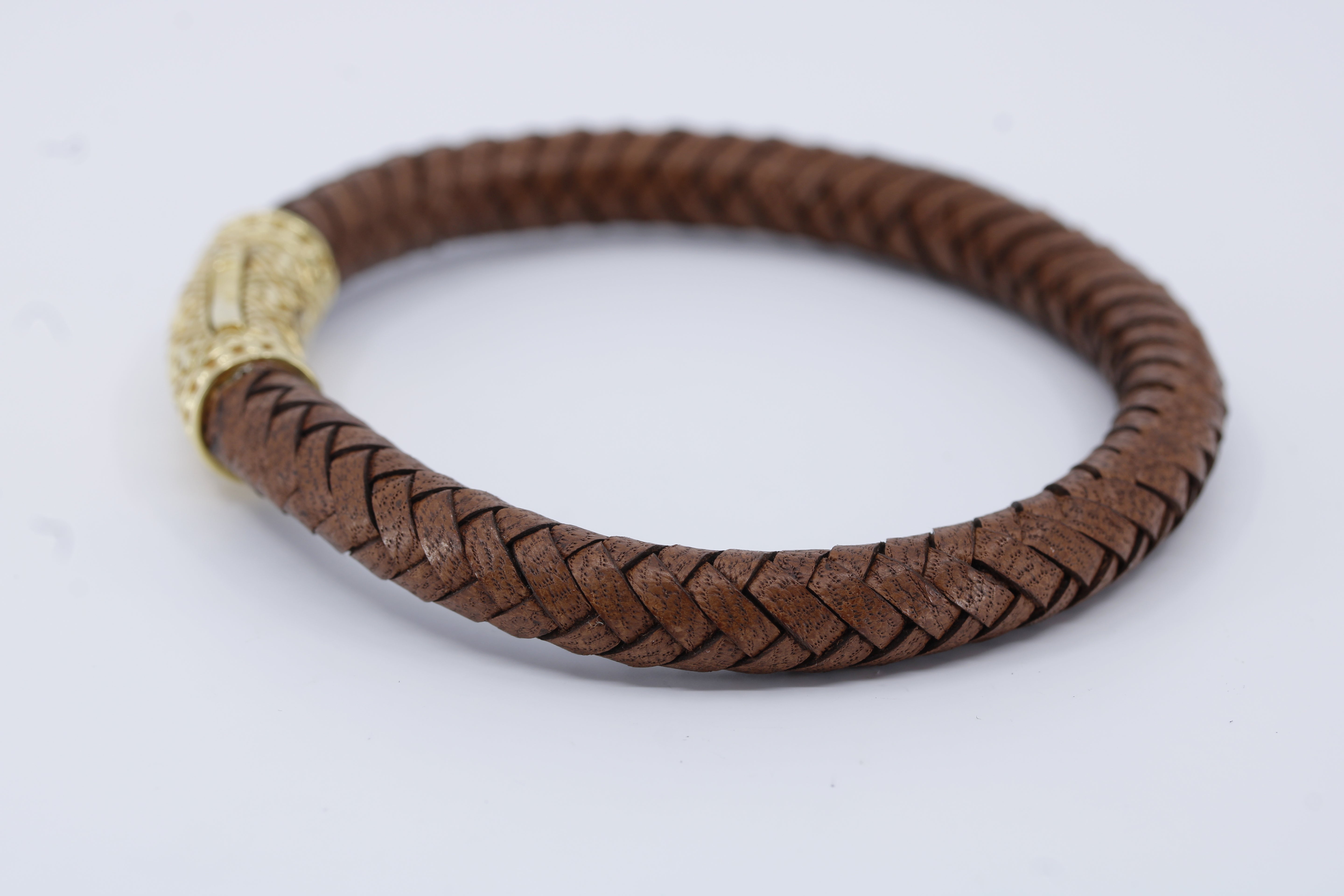 Casa Bali Braided Leather Bracelet with 18K Gold Vermeil Lattice Barrel