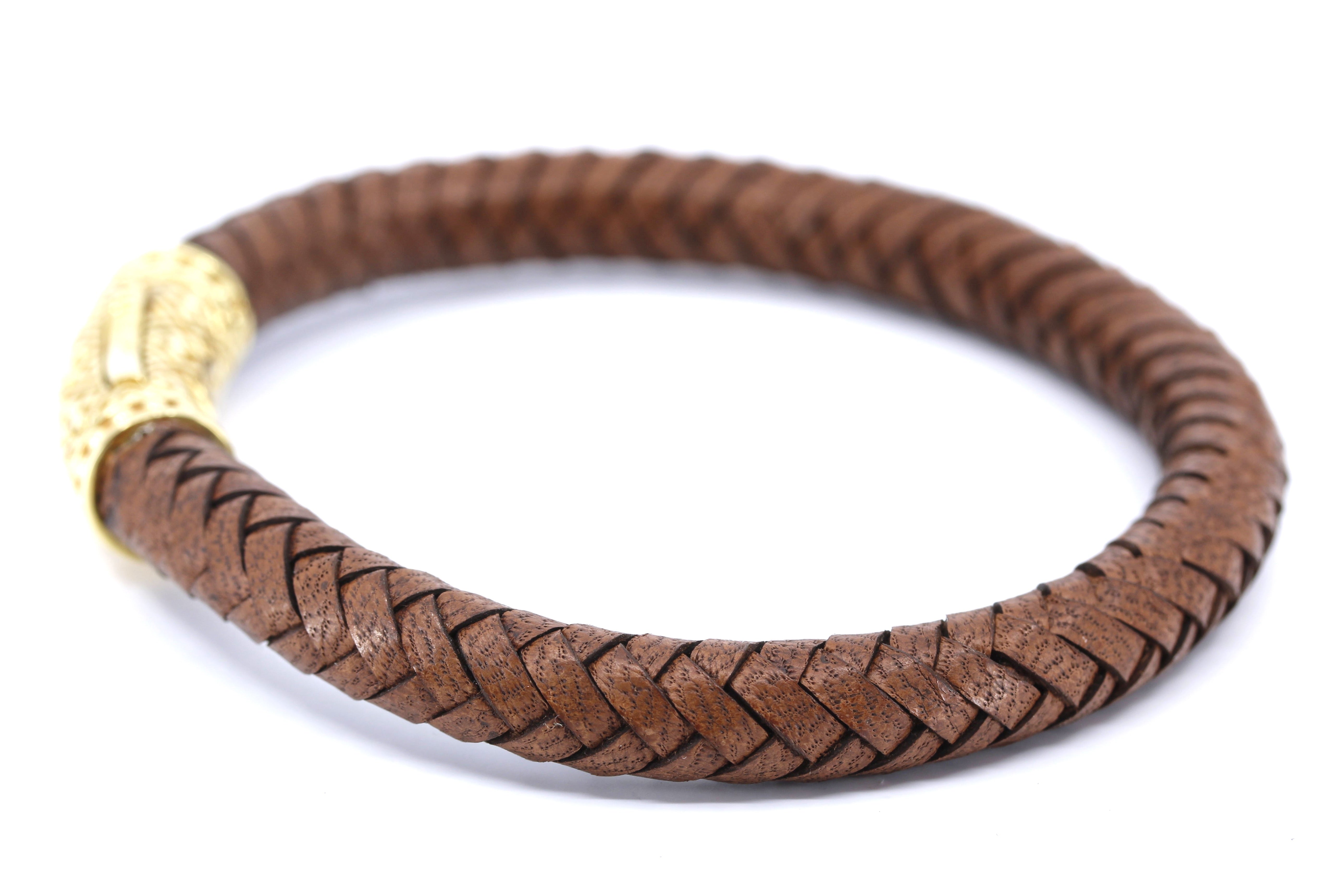 NOVA  Braided Leather Bracelet with 18K Gold Vermeil Lattice Barrel