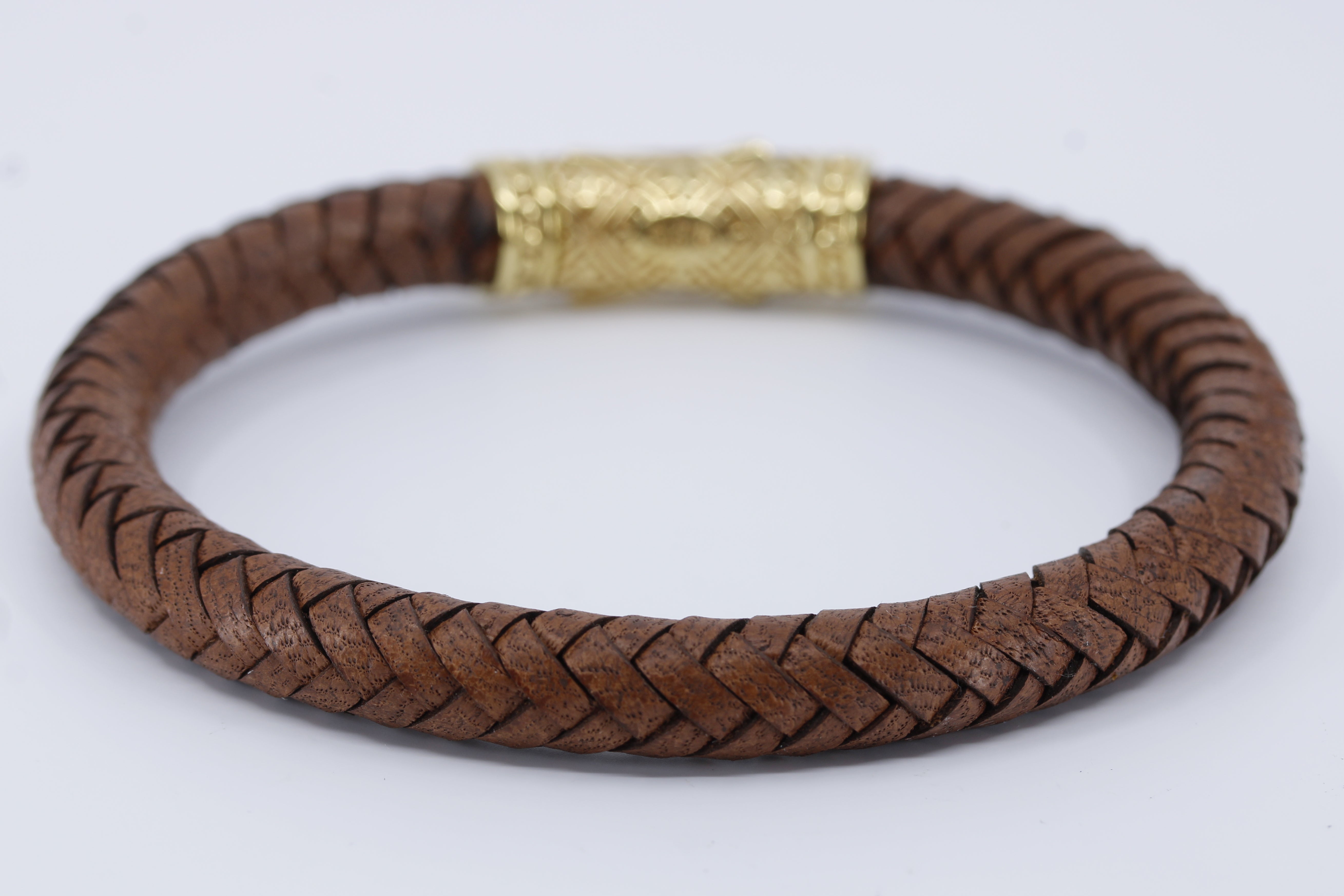 NOVA  Braided Leather Bracelet with 18K Gold Vermeil Lattice Barrel
