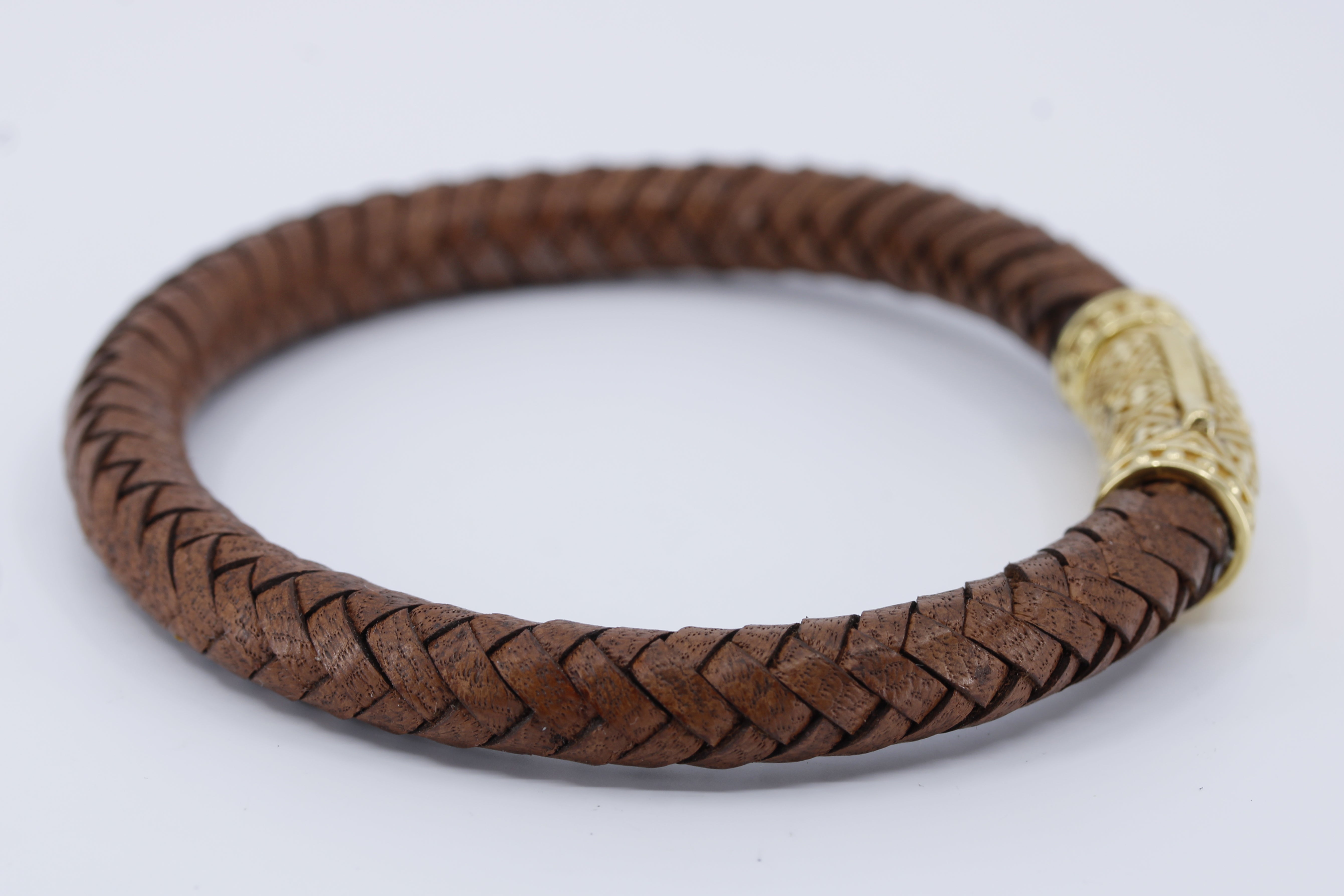 NOVA  Braided Leather Bracelet with 18K Gold Vermeil Lattice Barrel