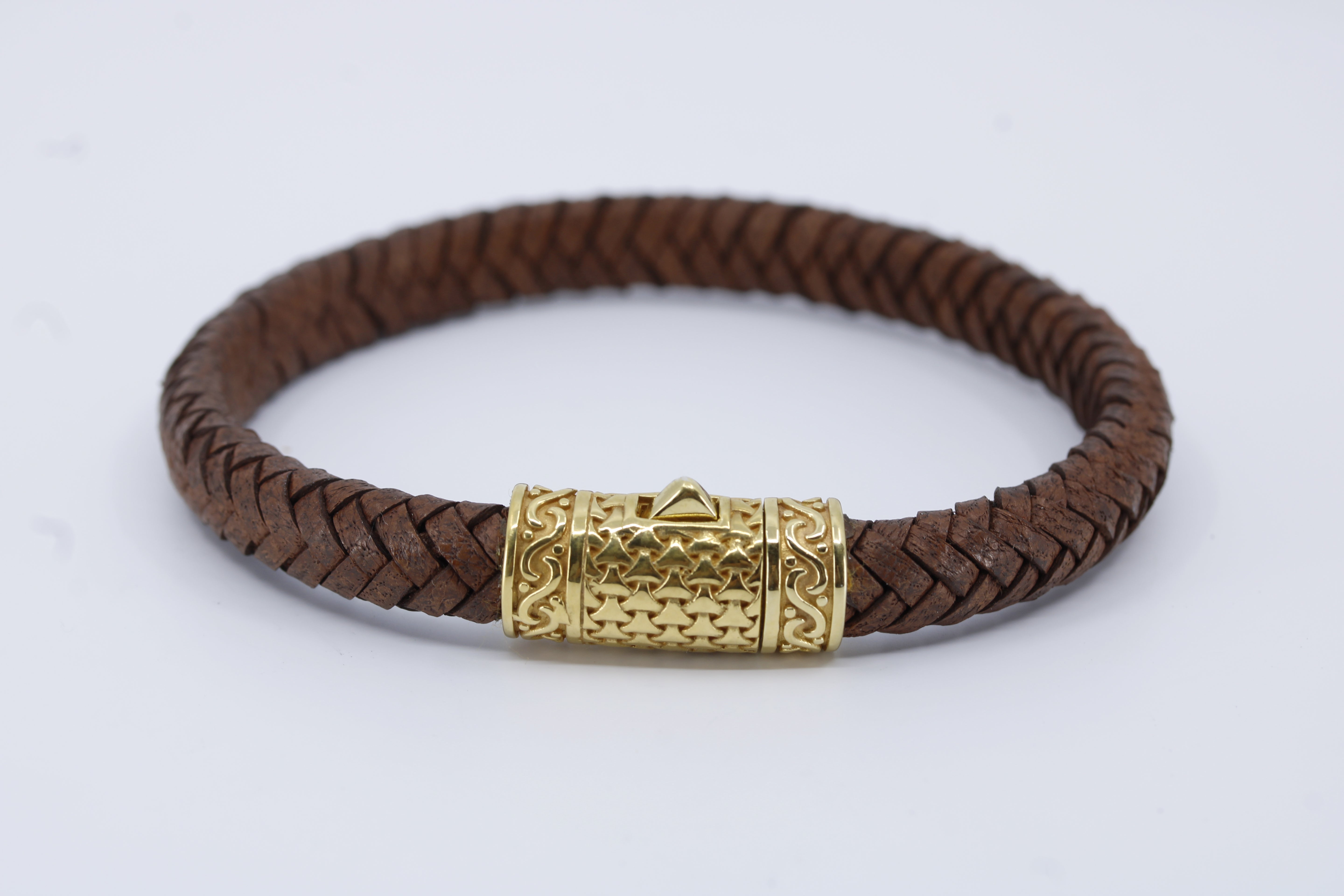 Casa Bali Braided Leather Bracelet with 18K Gold Vermeil Engraved Barrel