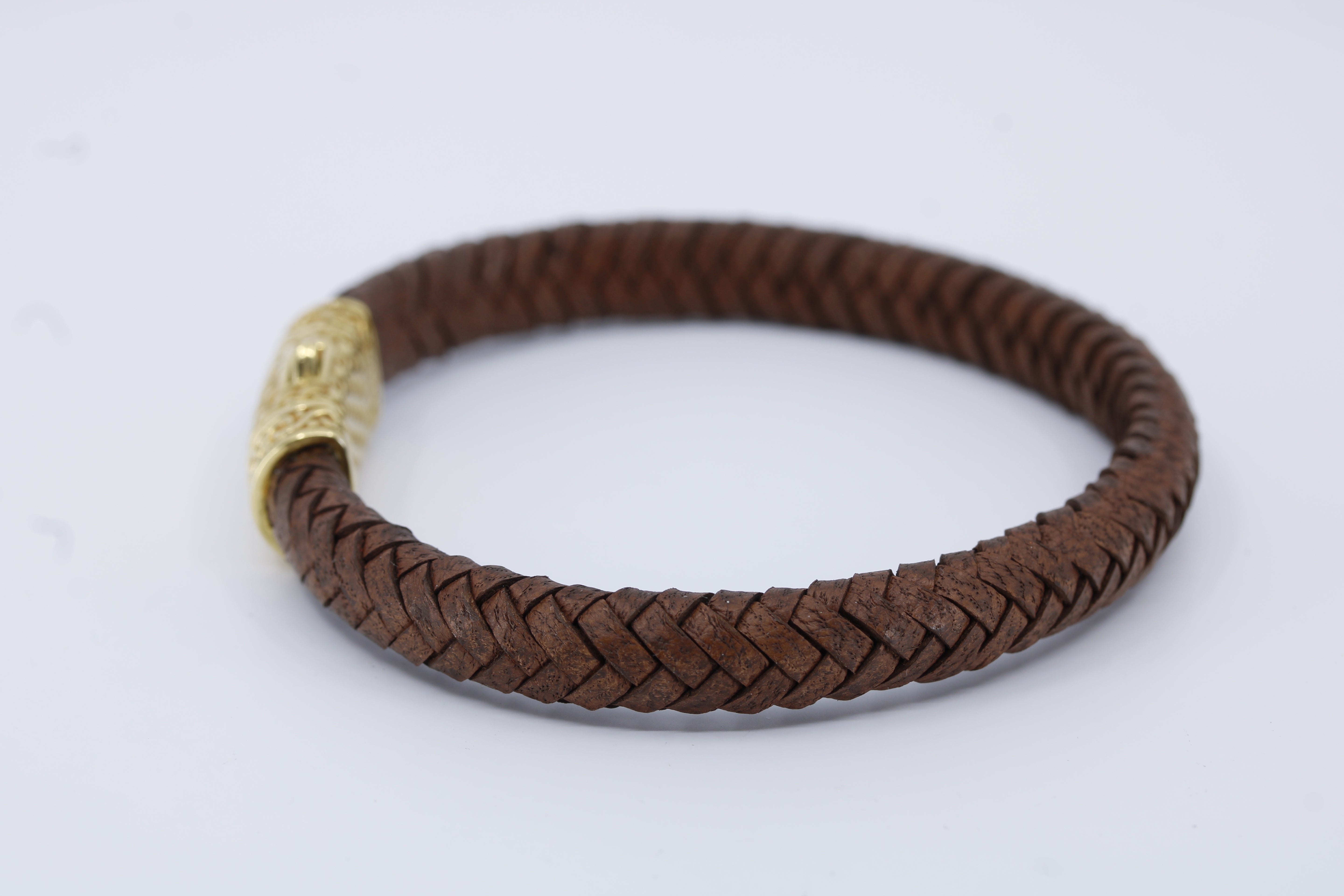 Casa Bali Braided Leather Bracelet with 18K Gold Vermeil Engraved Barrel