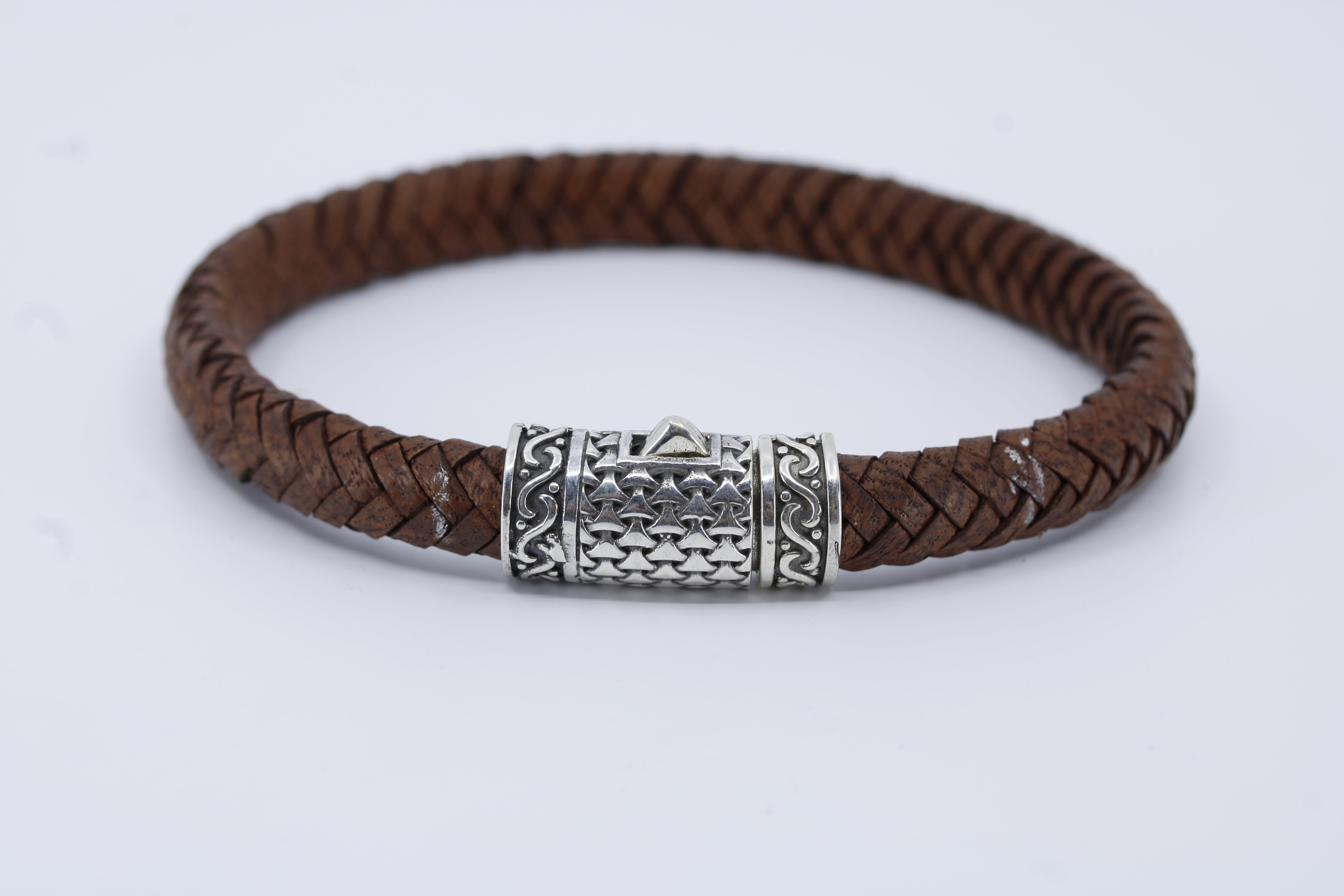 Casa Bali Braided Leather Bracelet with Engraved Barrel