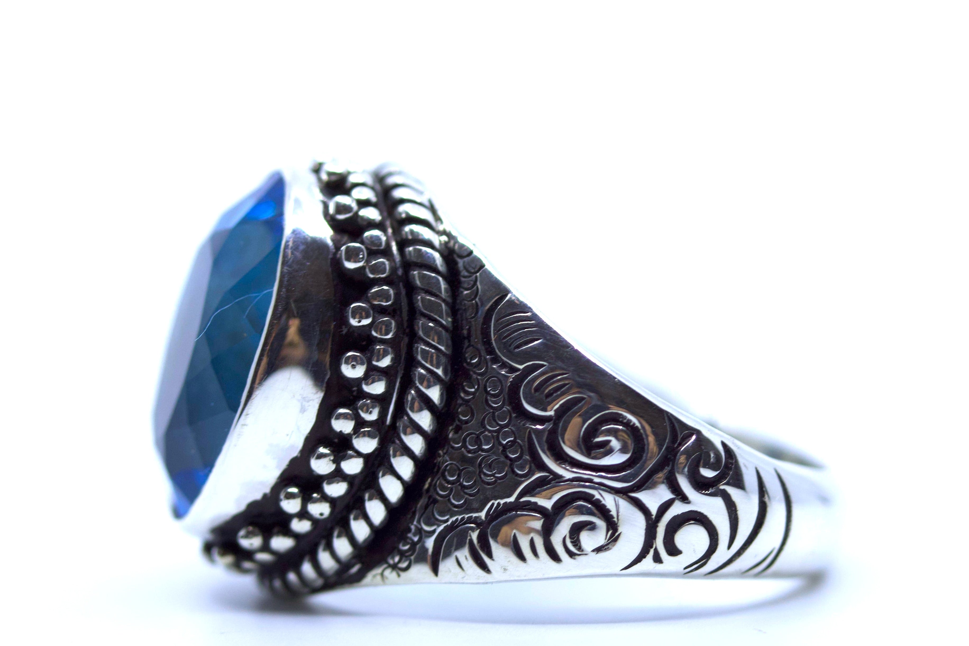 HIMALAYA Sterling Silver Decorative Bezel Ring with Blue Topaz