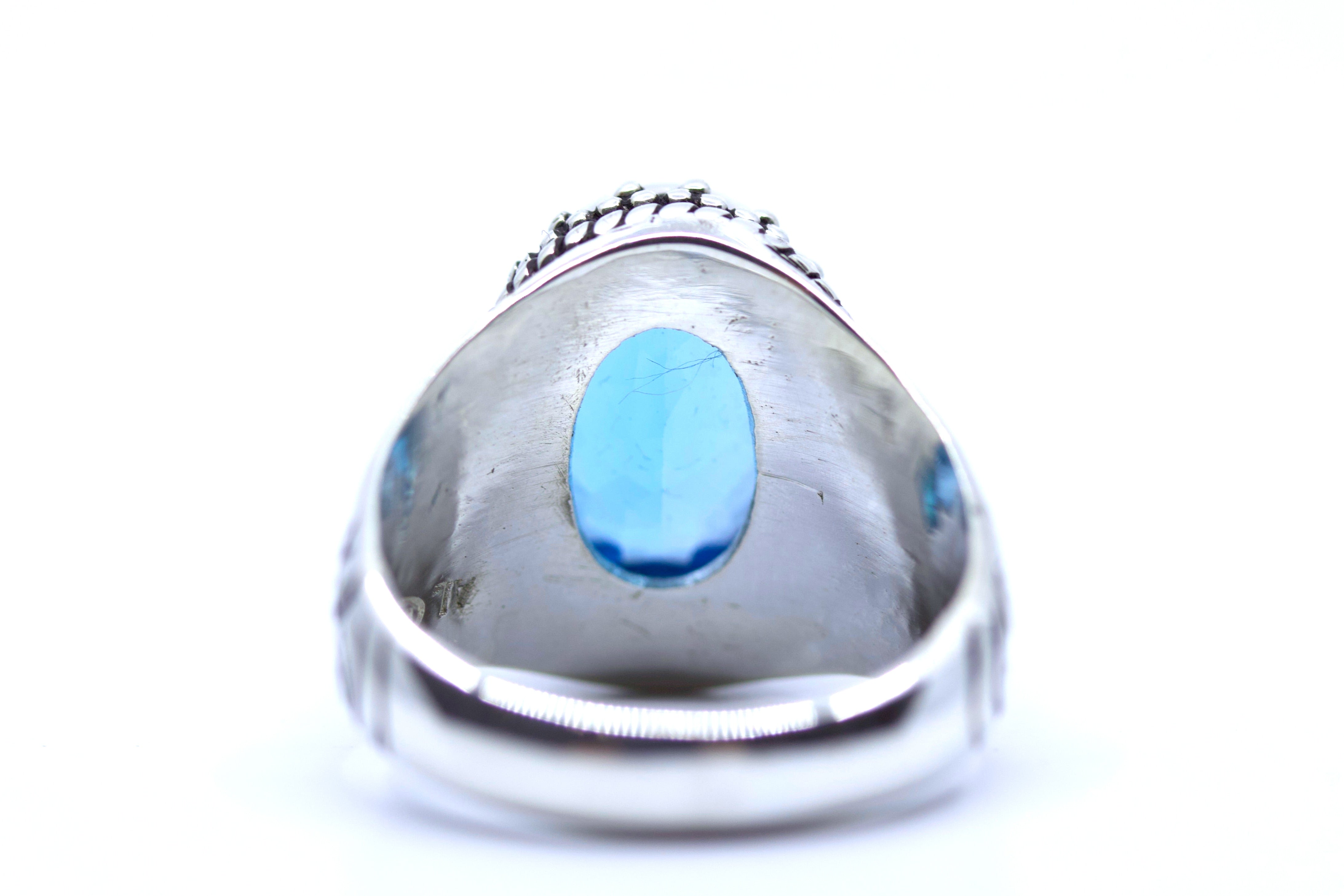 HIMALAYA Sterling Silver Decorative Bezel Ring with Blue Topaz