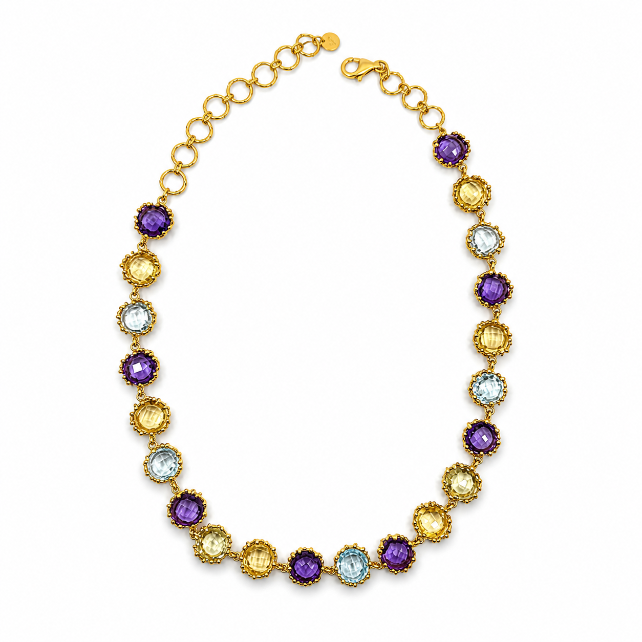 NURAI 18K Gold Vermeil Round Station Necklace with Amethyst, Green Amethyst, Blue Topaz and Lemon Quartz