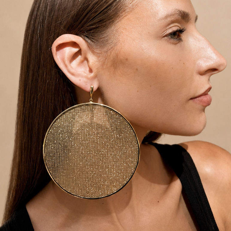 AIMA 18K Gold Vermeil Extra Large Round Drop Earrings with Gold Mesh