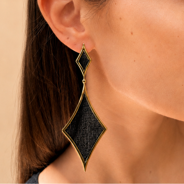 AIMA 18K Gold Vermeil Double Diamond Drop Earrings with Black Mesh