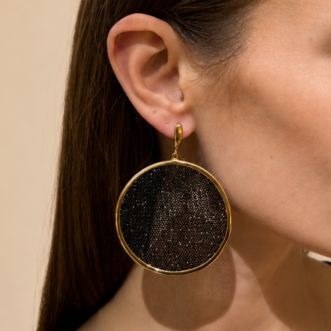 AIMA 18K Gold Vermeil Medium Round Drop Earrings with Black Mesh