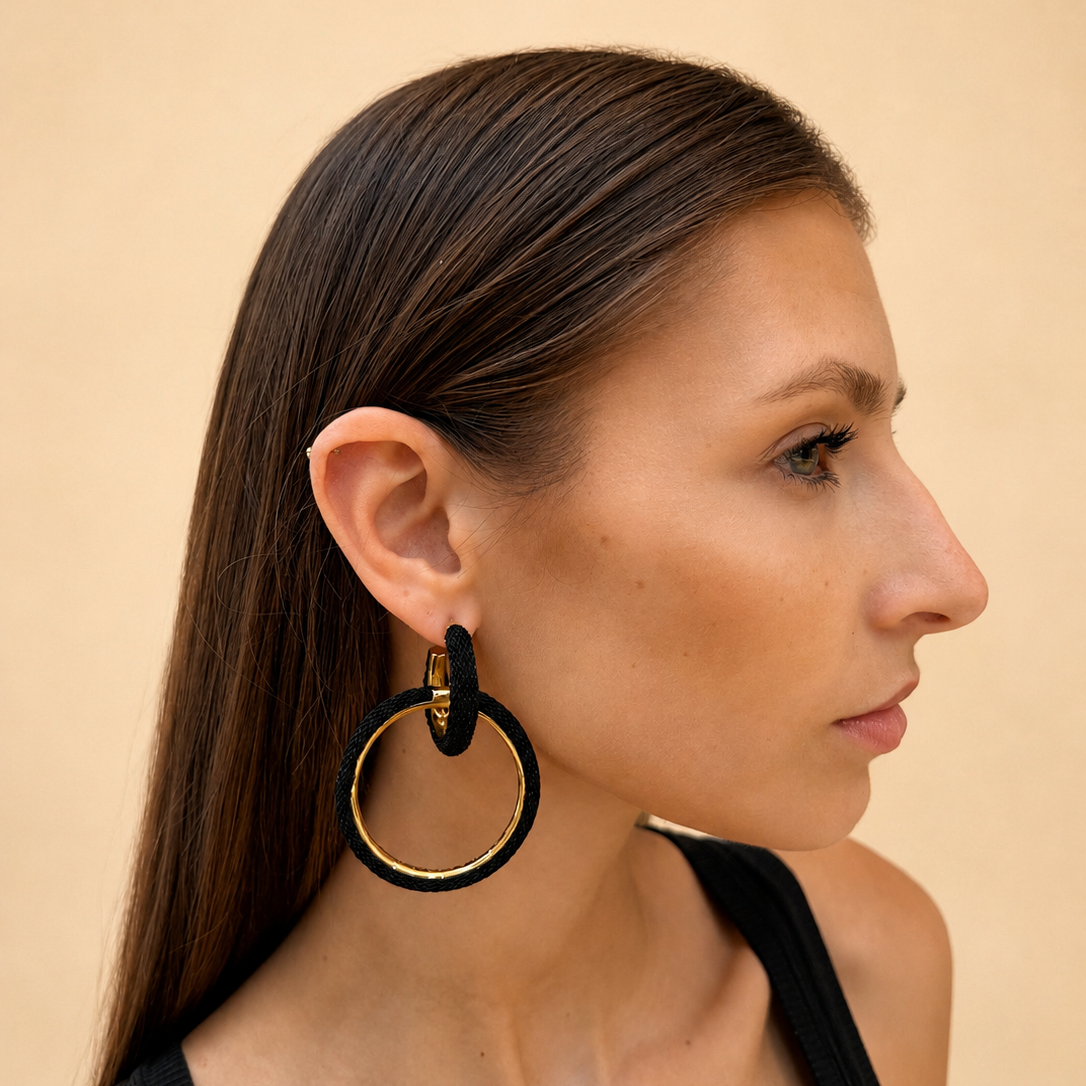 AIMA 18K Gold Vermeil Interlocking Hoop Earrings with Black Mesh