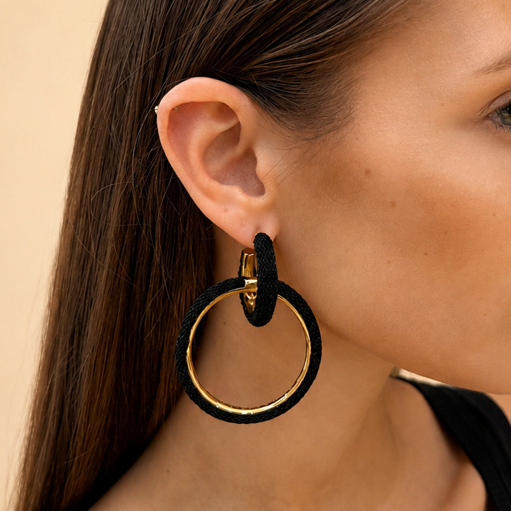 AIMA 18K Gold Vermeil Interlocking Hoop Earrings with Black Mesh