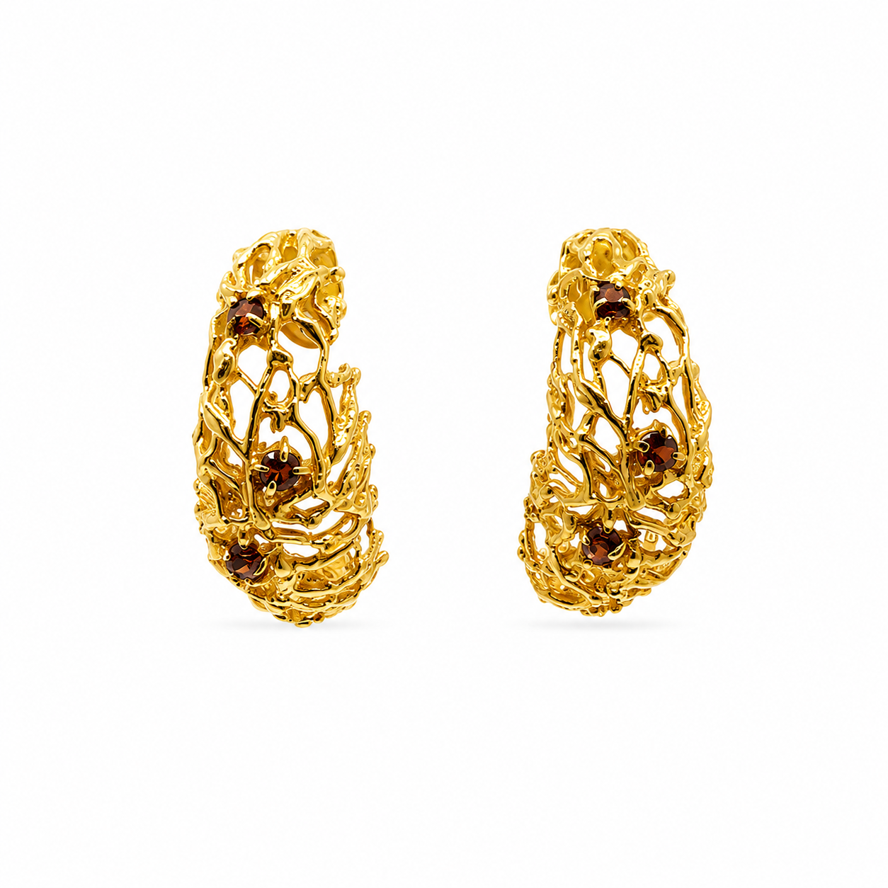 NURAI 18K Gold Vermeil Crescent Hoop Earrings with Garnet