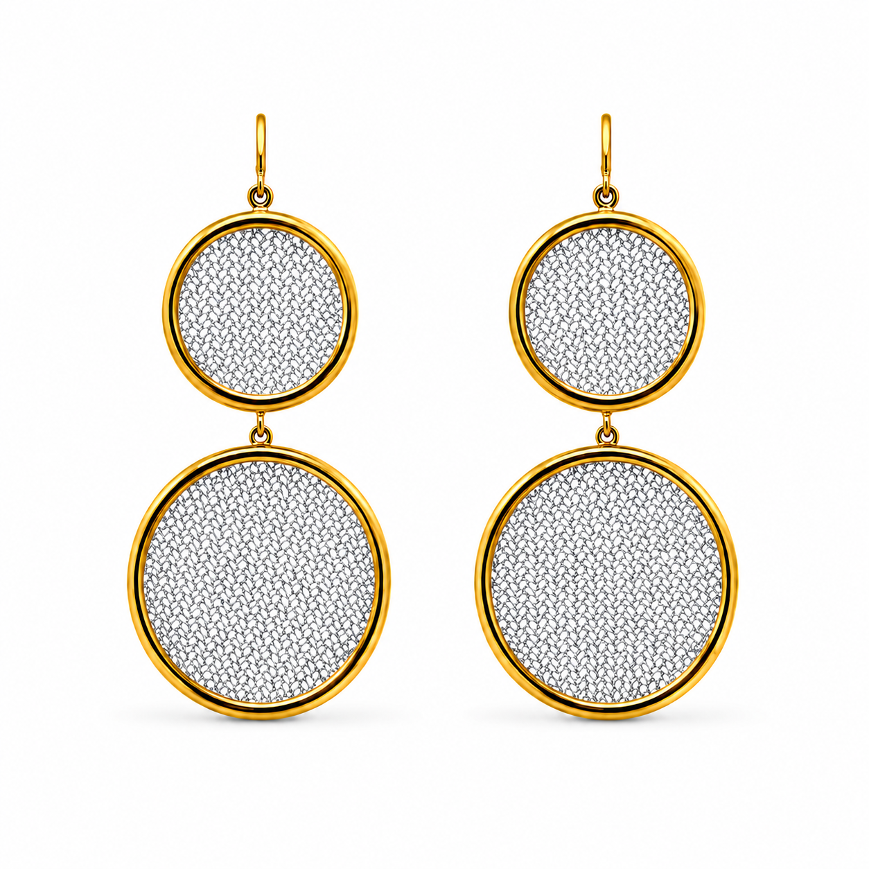 AIMA 18K Gold Vermeil Double Round Drop Earrings with Silver Mesh