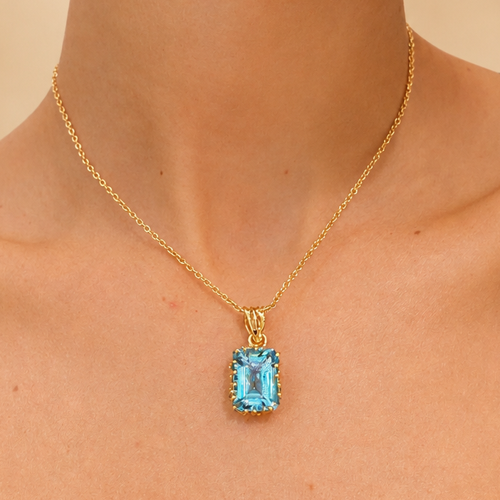 NURAI 18K Gold Vermeil Rectangular Pendant Necklace with Blue Topaz