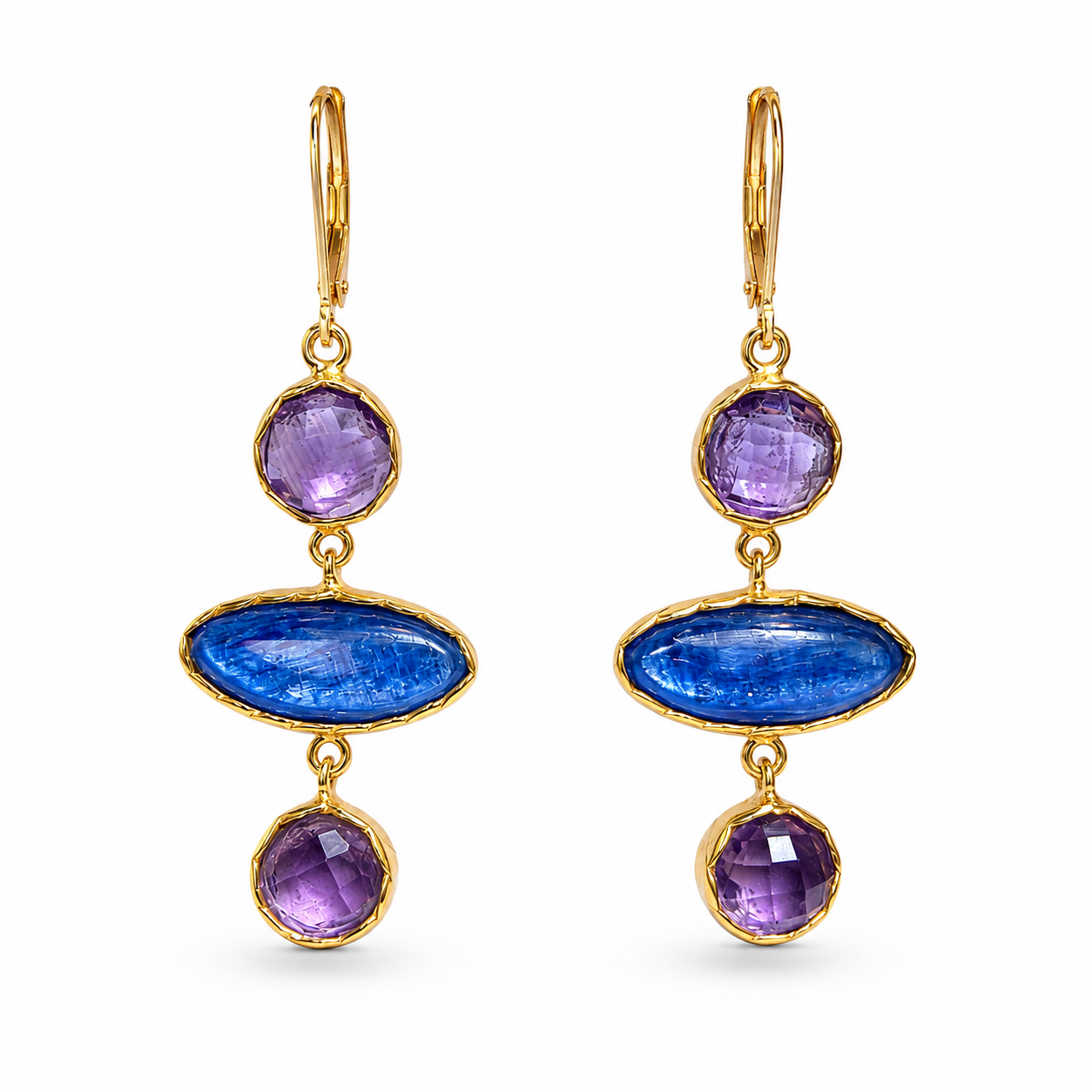DUNE 18K Gold Vermeil Cabochon Drop Earrings with Kyanite and Amethyst
