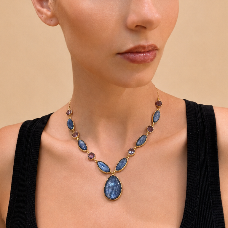 DUNE 18K Gold Vermeil Freeform Center Cabochon Necklace with Kyanite and Amethyst