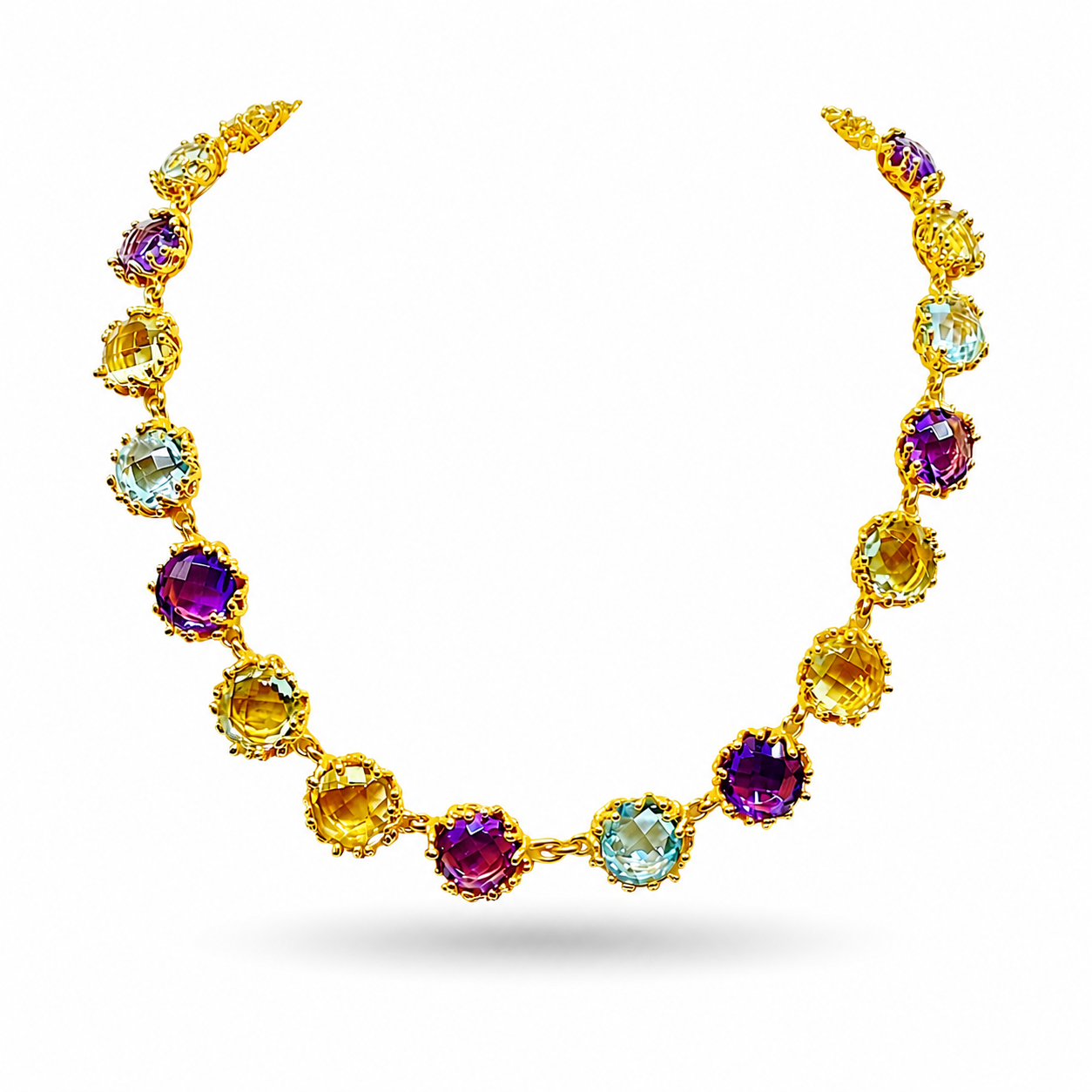 NURAI 18K Gold Vermeil Round Station Necklace with Amethyst, Green Amethyst, Blue Topaz and Lemon Quartz